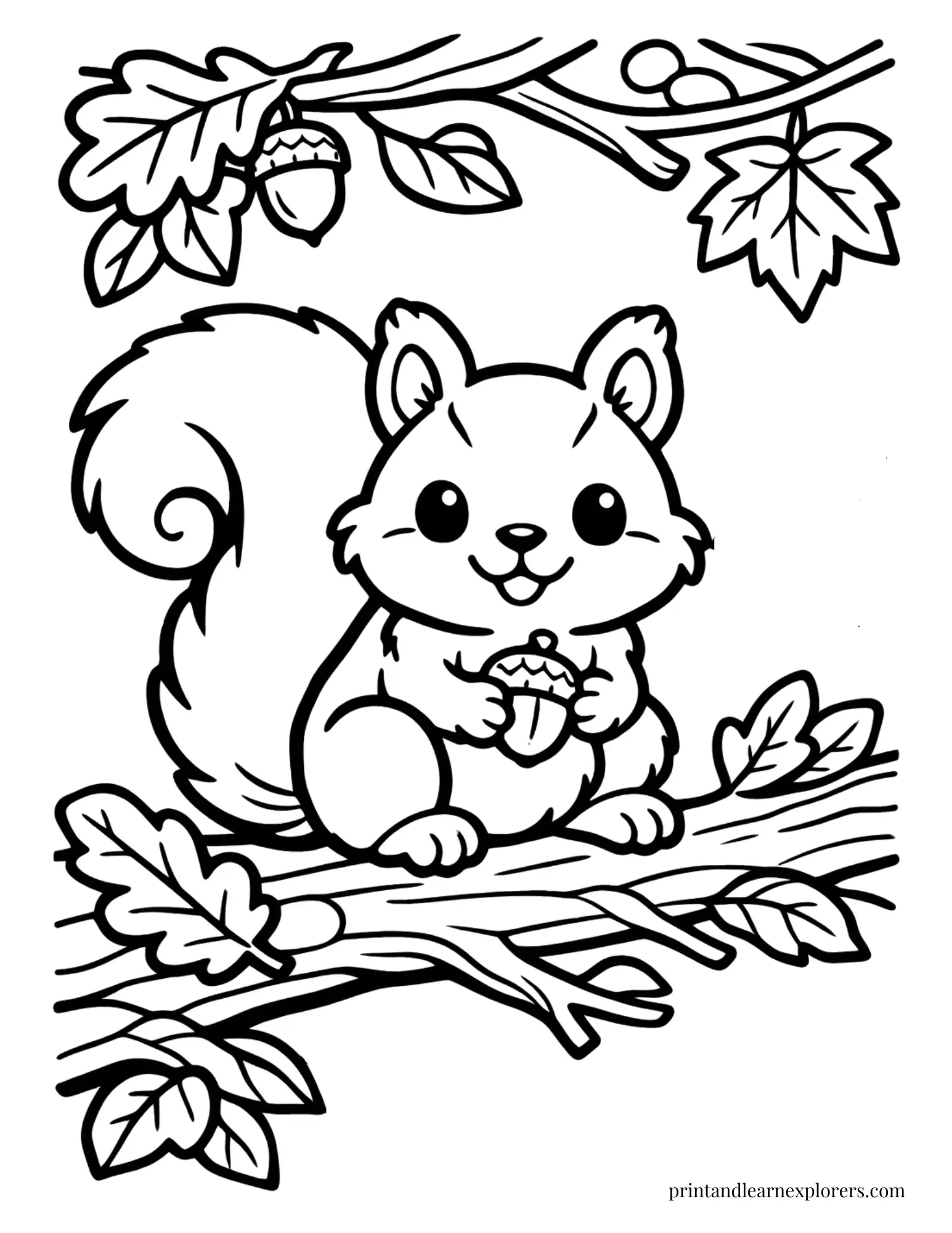 Smiling squirrel sitting on a tree branch coloring page