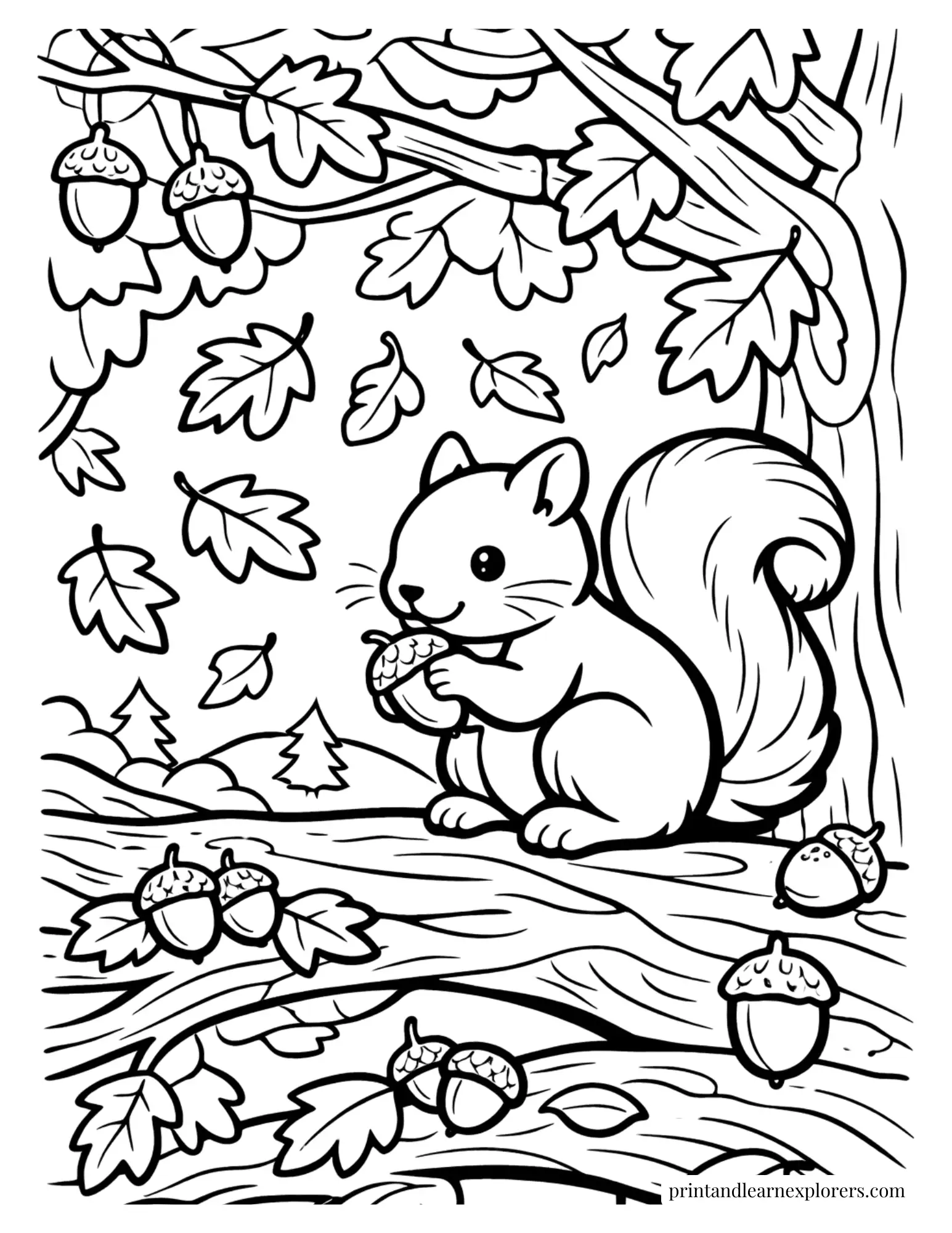 Squirrel perched in a colorful autumn tree coloring page