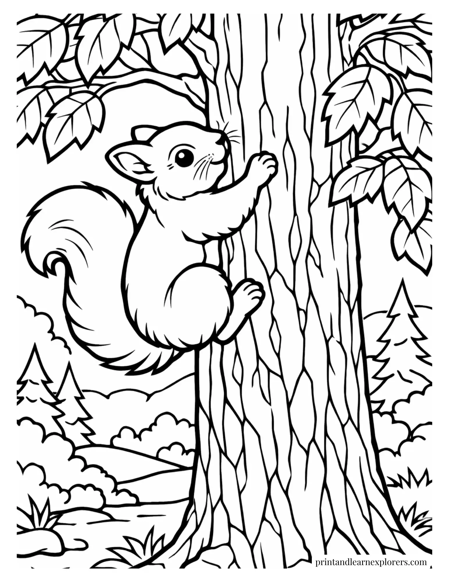 Squirrel climbing a tall woodland tree coloring page