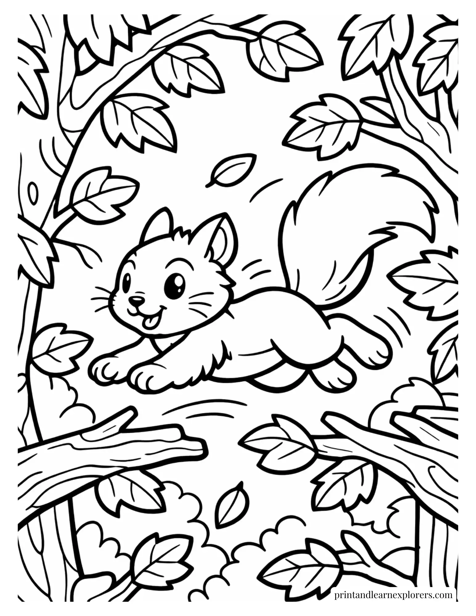 Squirrel jumping between tree branches coloring page