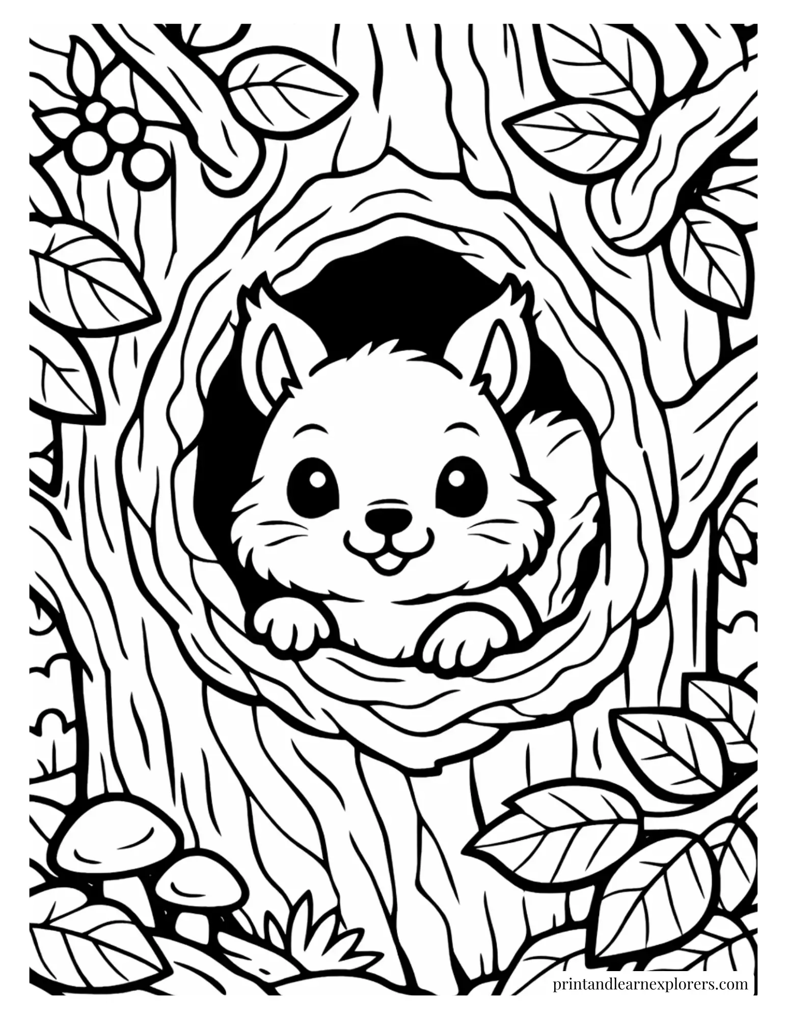 Squirrel peeking out from a tree hollow coloring page