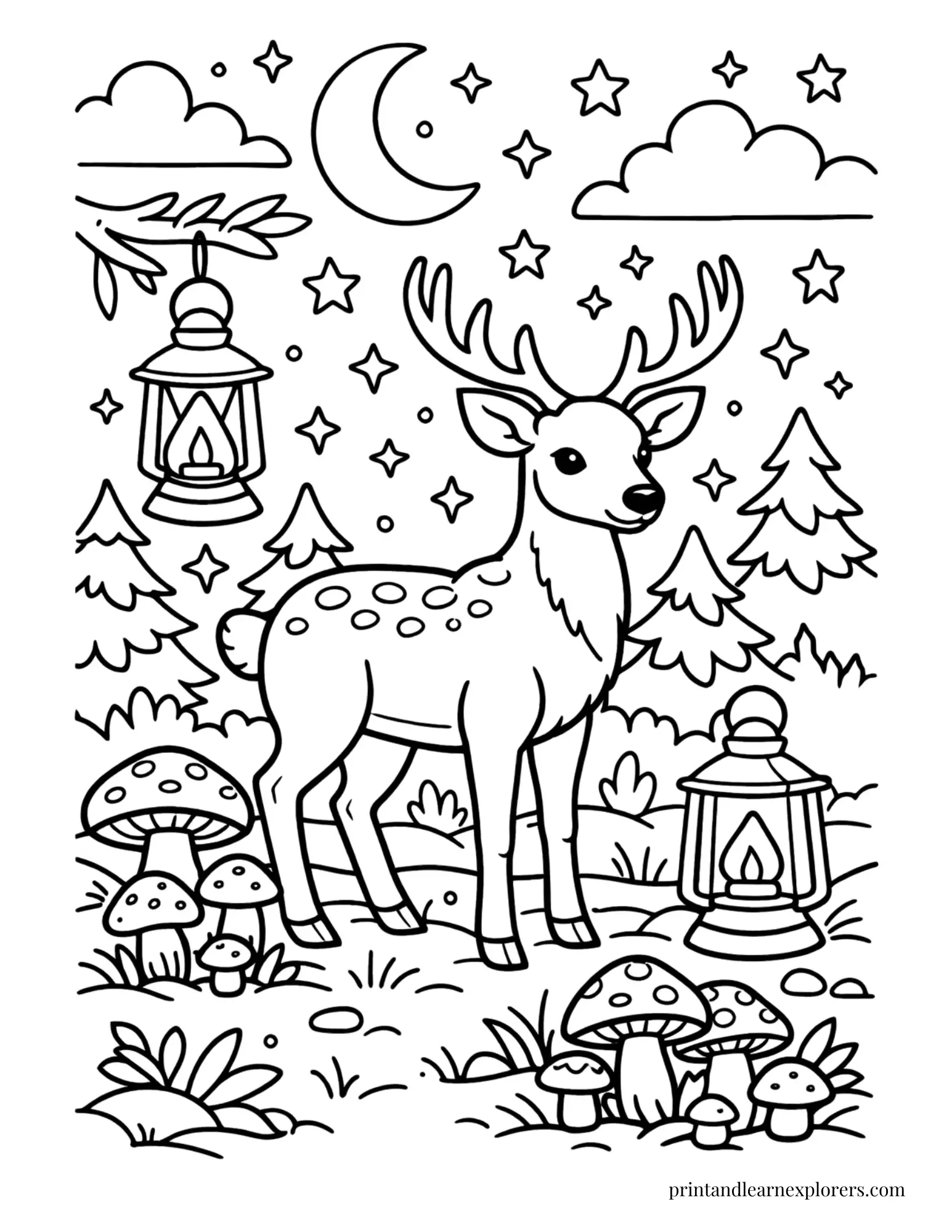 05 deer beneath starry sky coloring page