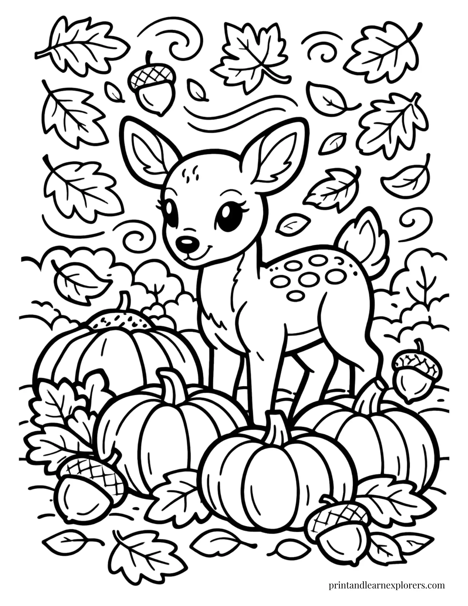 05 deer with pumpkins and leaves coloring page