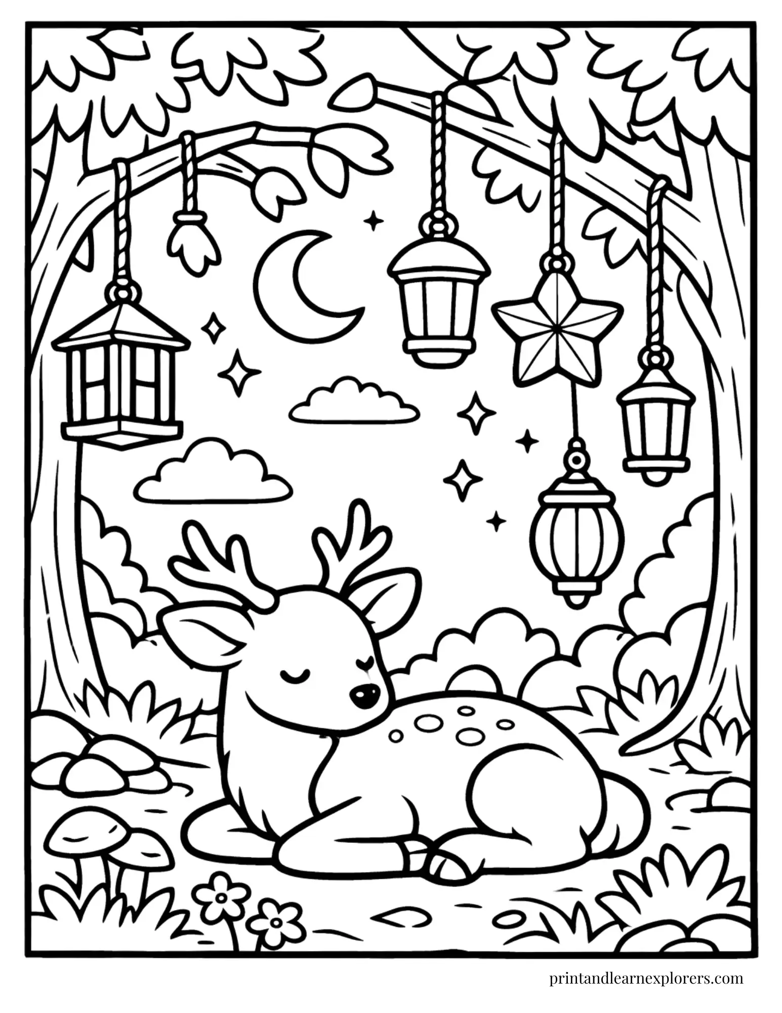 05 peaceful deer with lanterns coloring page