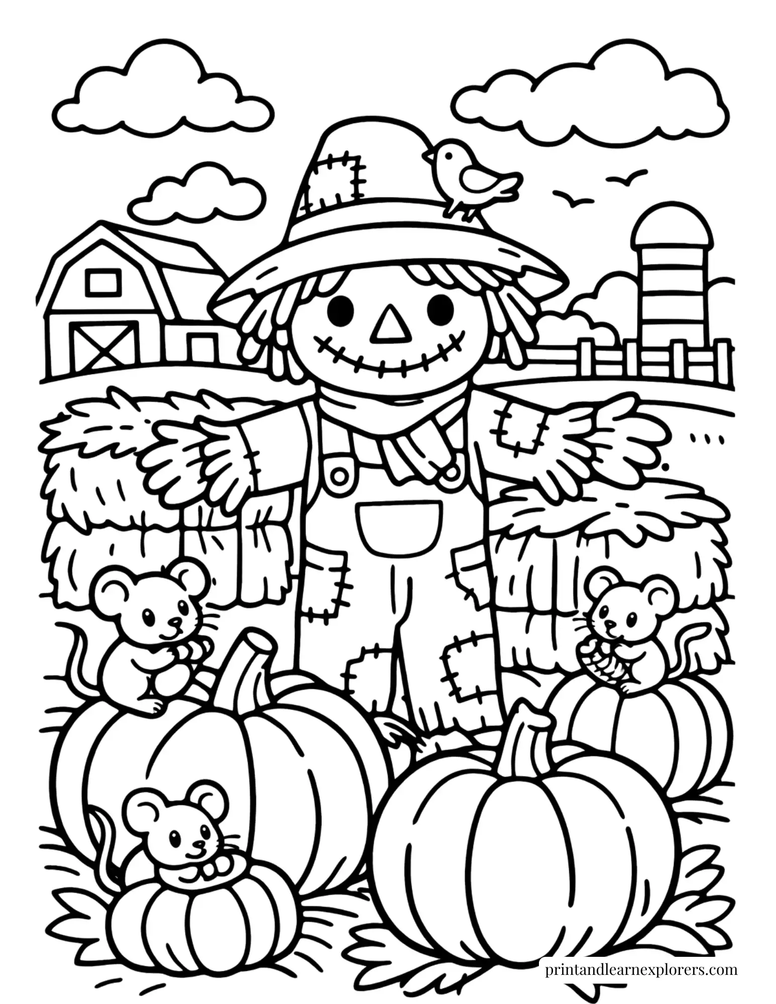 scarecrow with mice coloring page