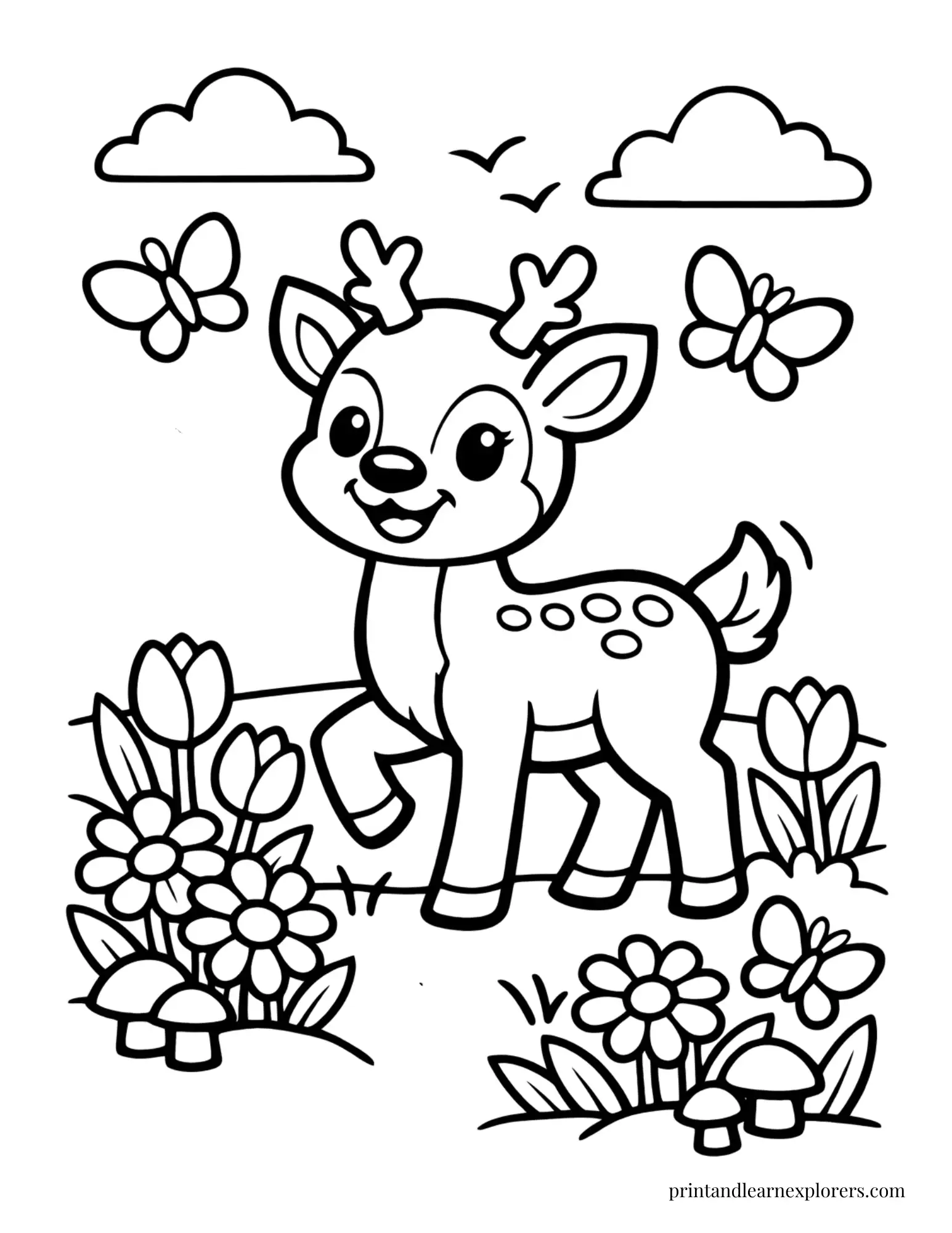 06 cheerful deer with butterflies coloring page
