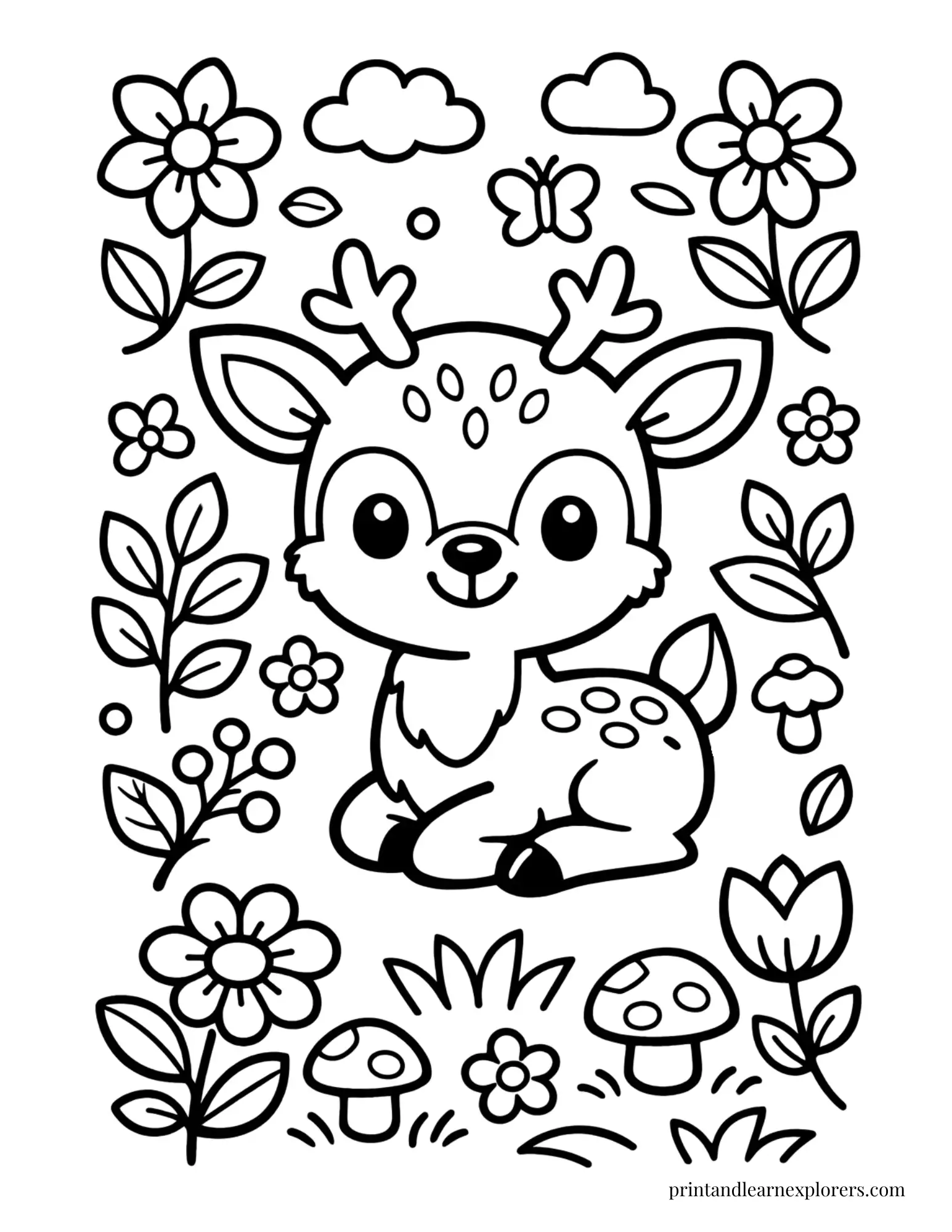 06 happy deer with flowers coloring page