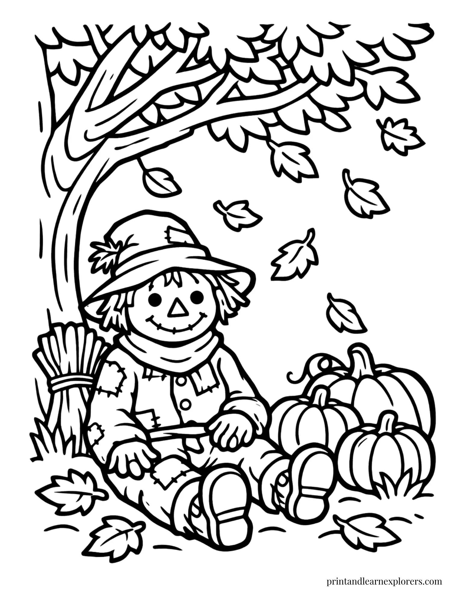 scarecrow beneath autumn tree coloring page