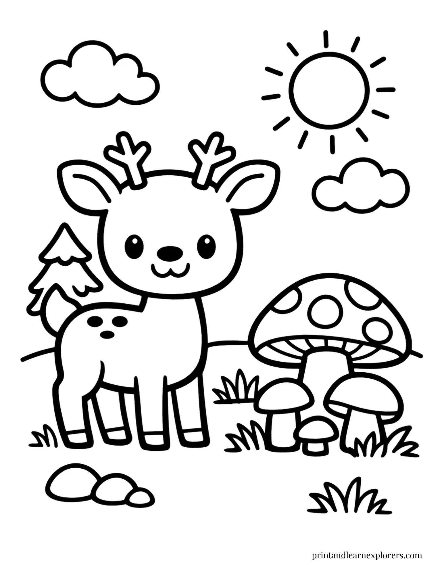 06 simple deer by mushrooms coloring page