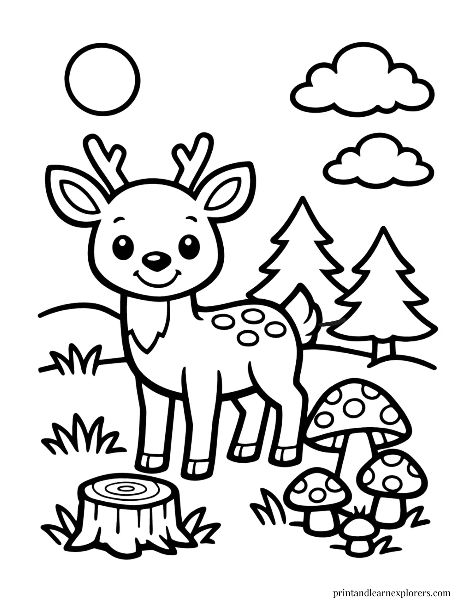 06 smiling deer by tree stump coloring page
