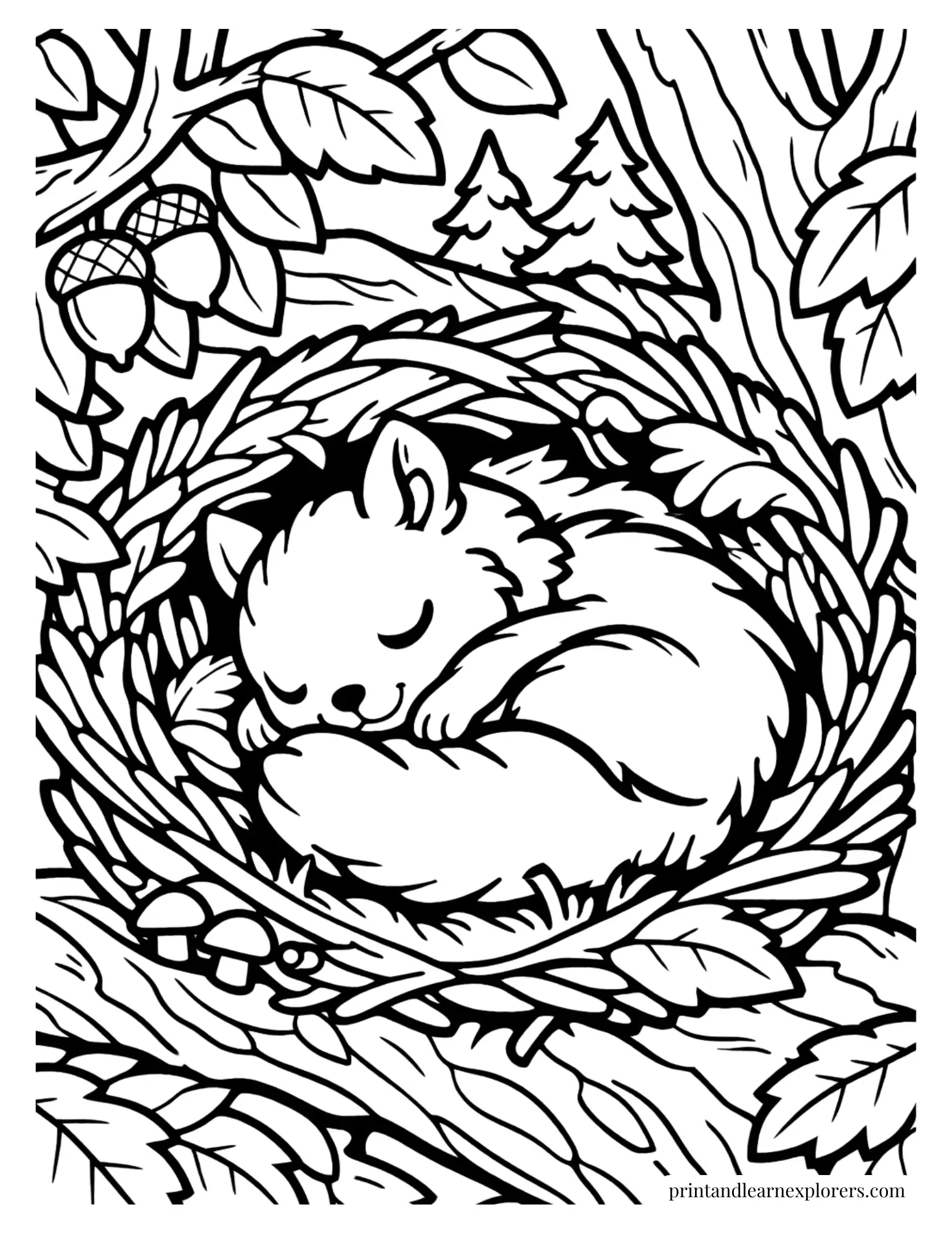 Sleepy squirrel curled inside a cozy woodland nest coloring page