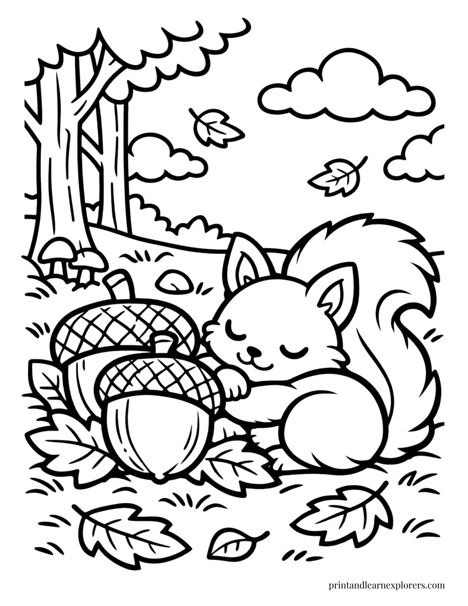 Squirrel resting beside acorns and autumn leaves coloring page