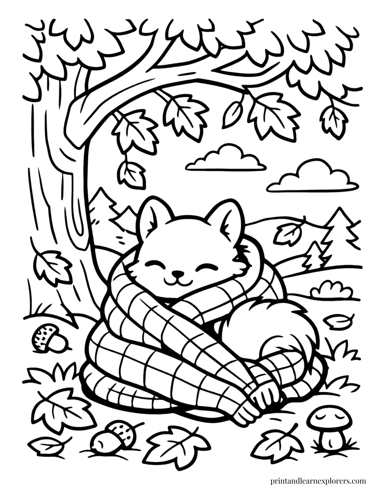 Cozy squirrel wrapped in a blanket beneath a tree coloring page