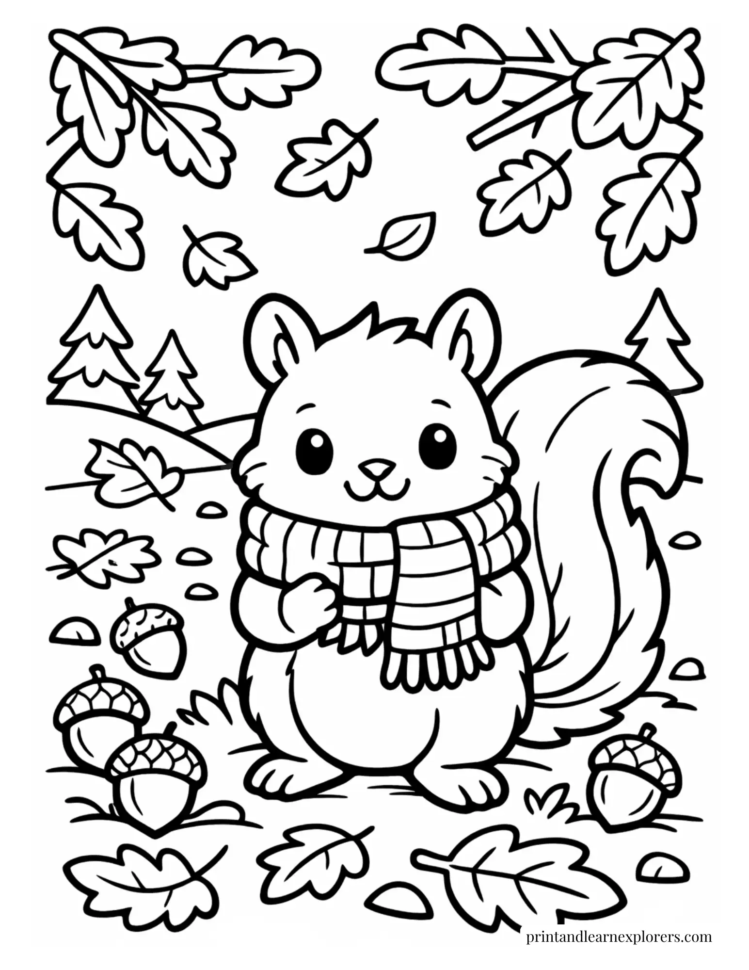 Squirrel wearing a scarf in an autumn forest coloring page