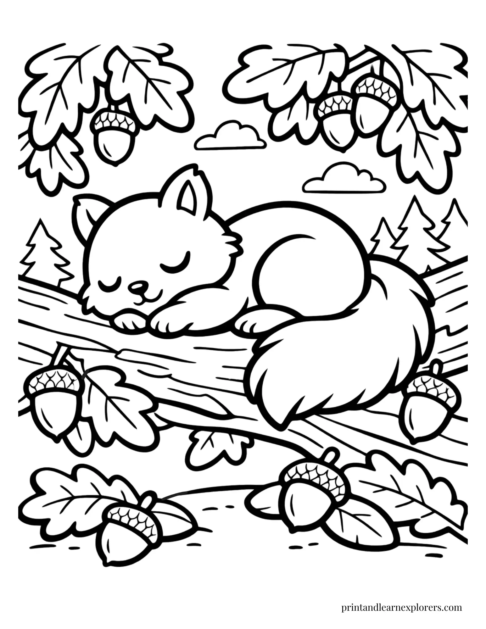 Sleepy squirrel resting on a woodland branch coloring page