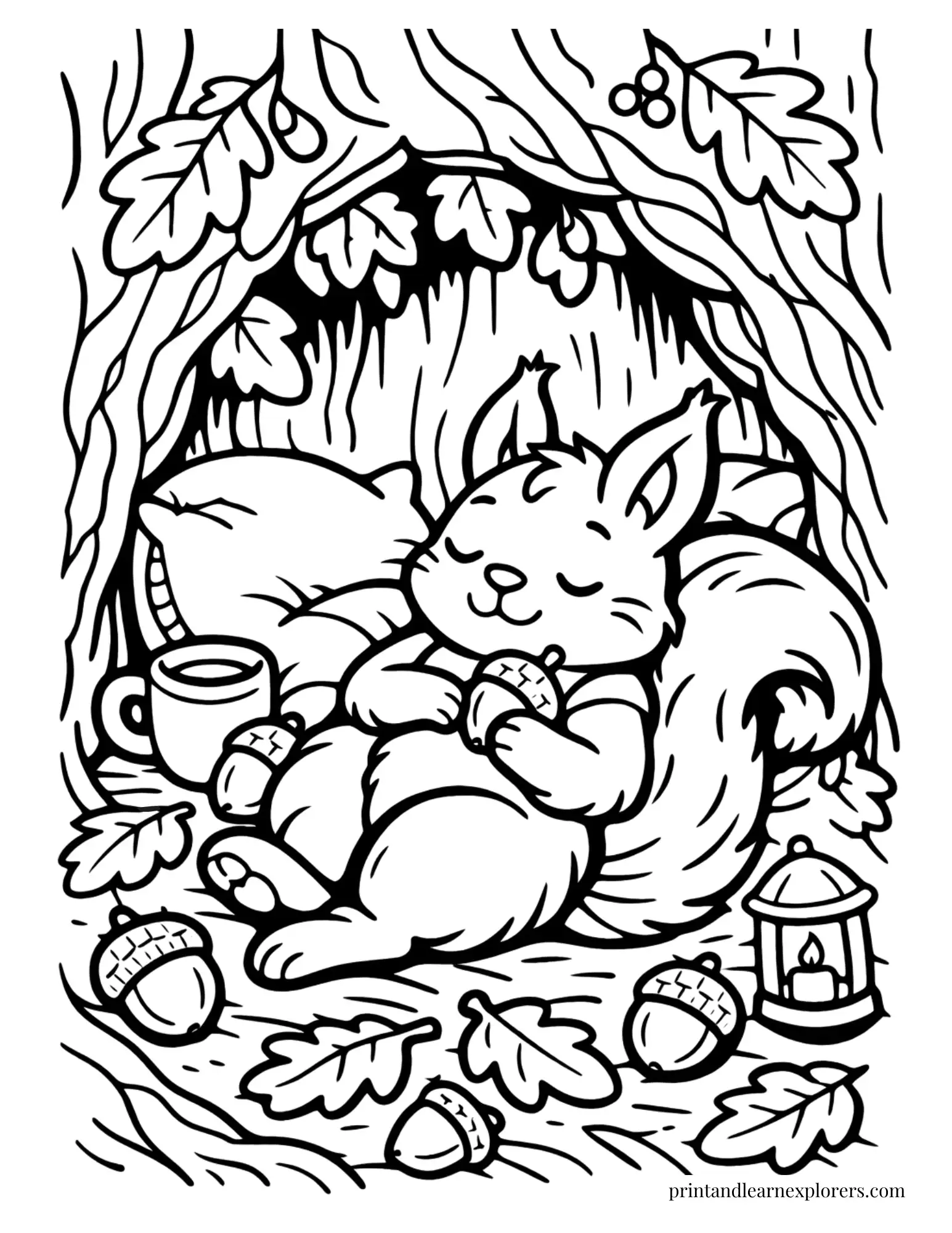 Squirrel relaxing inside a cozy tree hollow coloring page