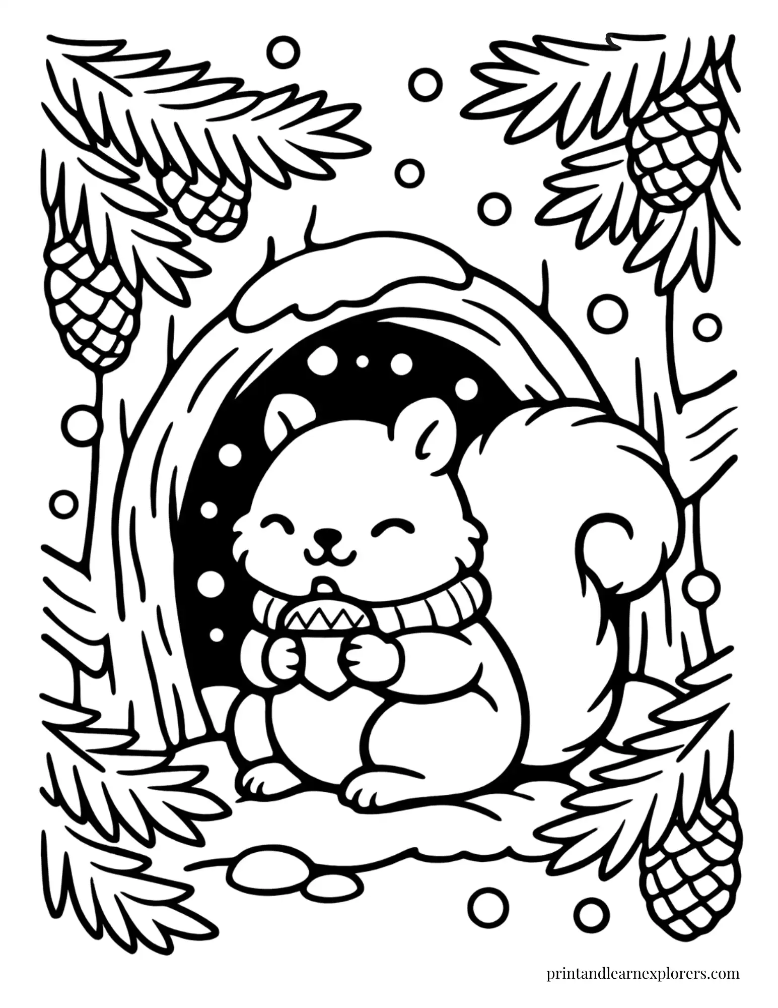 Cozy squirrel sitting in a winter tree coloring page