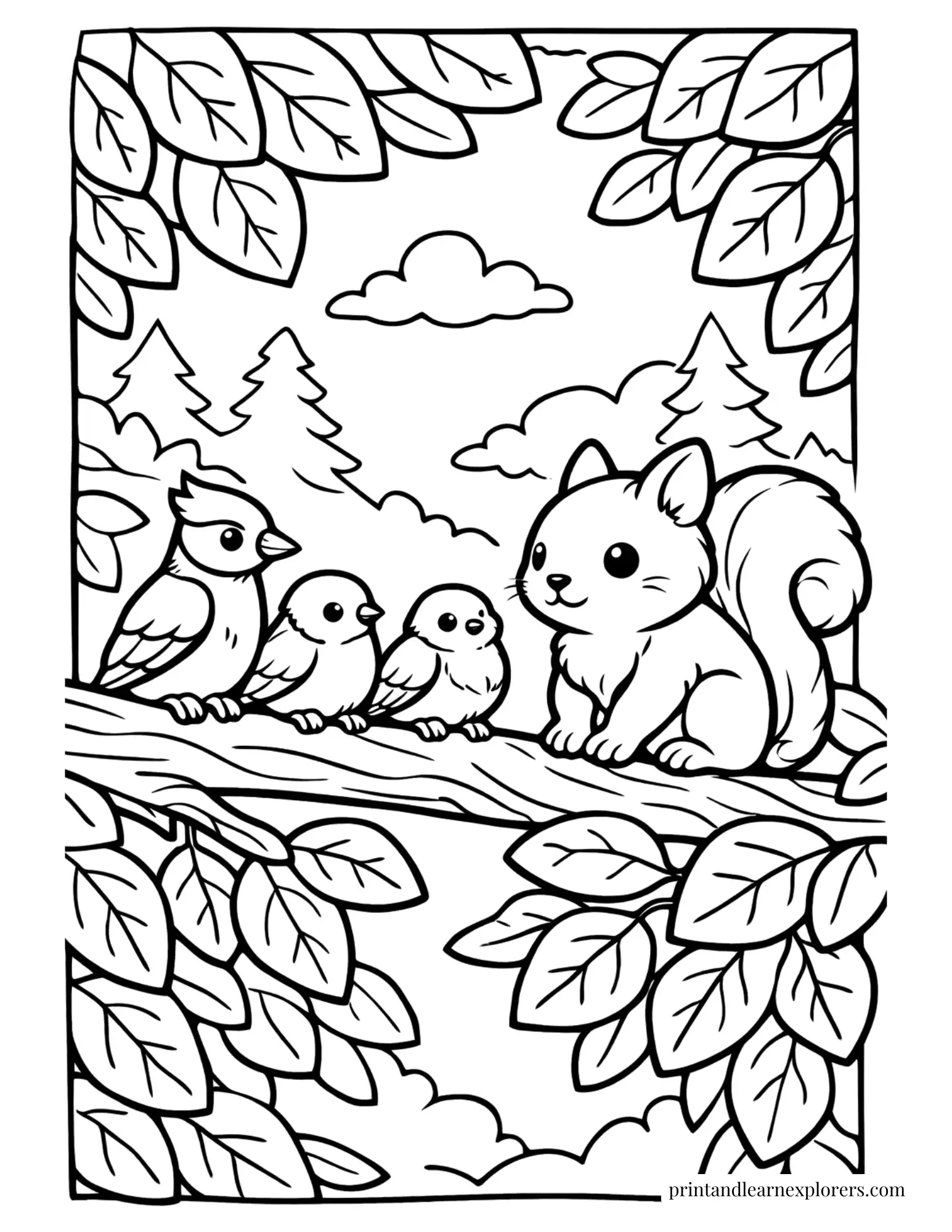 Squirrel sitting beside woodland birds coloring page