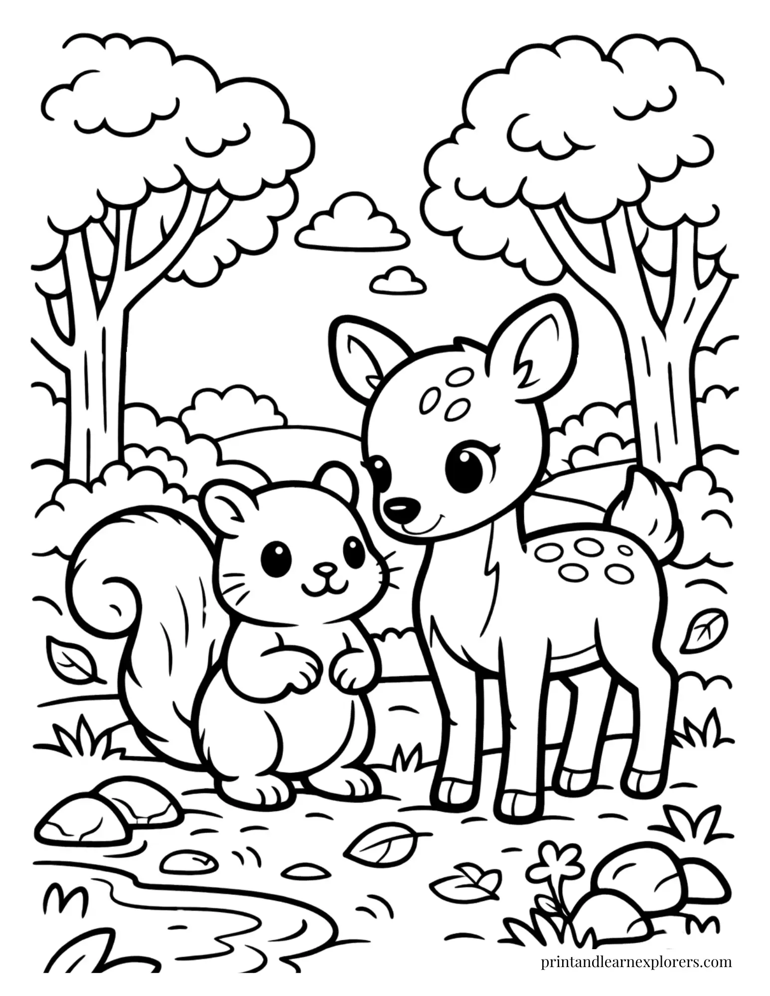 Squirrel and deer standing together in a woodland clearing coloring page