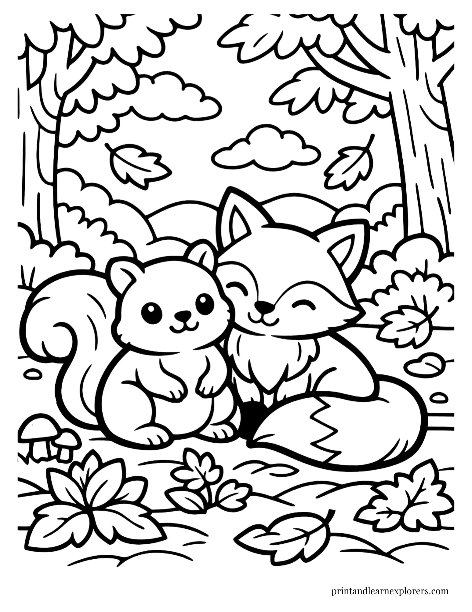 Squirrel and fox sitting together in a forest coloring page