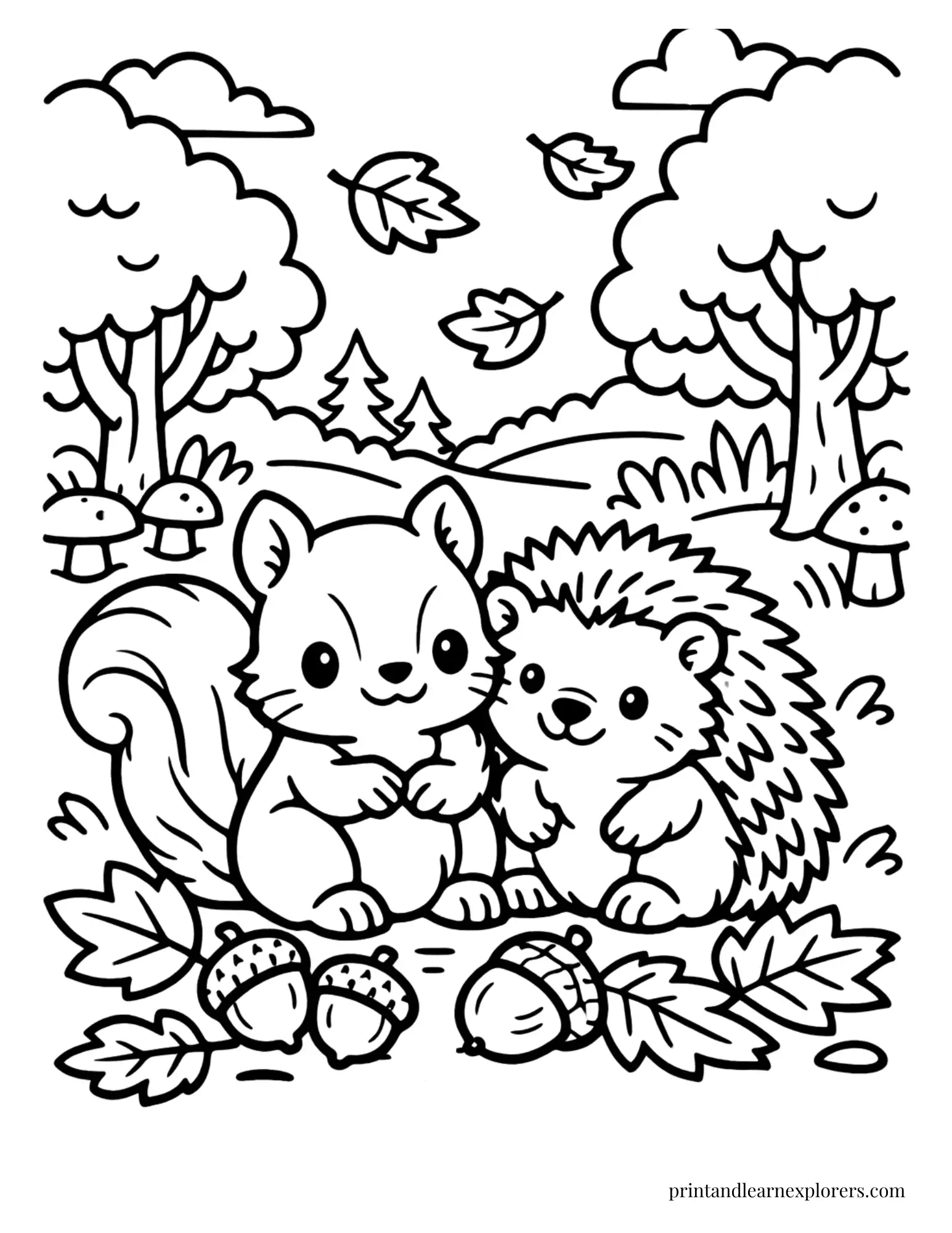 Squirrel and hedgehog sitting together beside autumn leaves coloring page