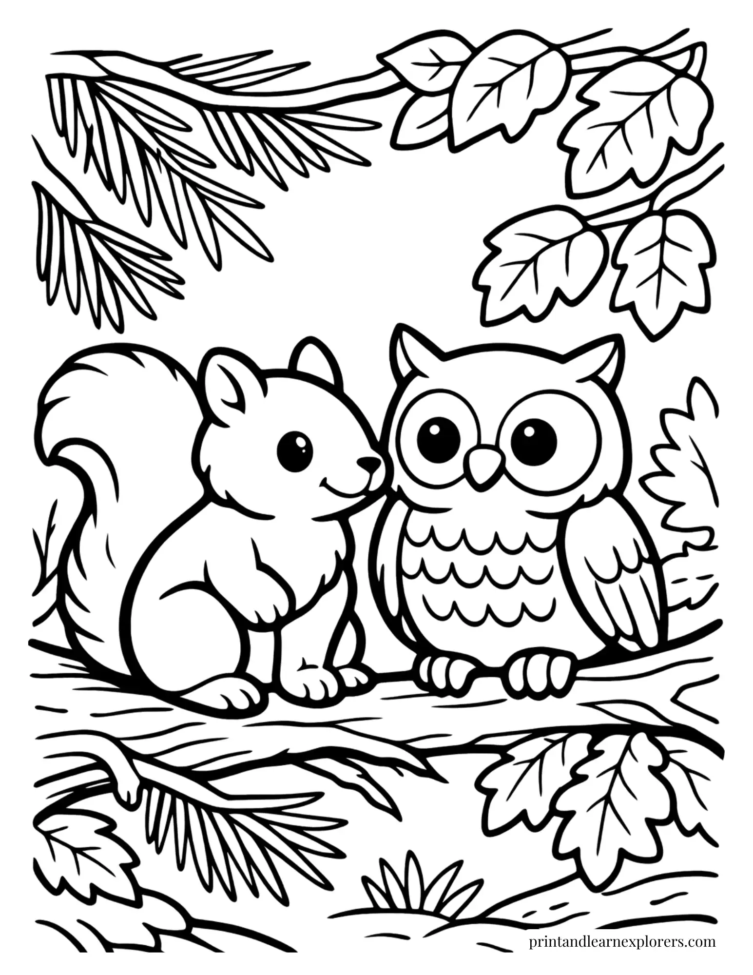 Squirrel sitting beside an owl in a woodland tree coloring page