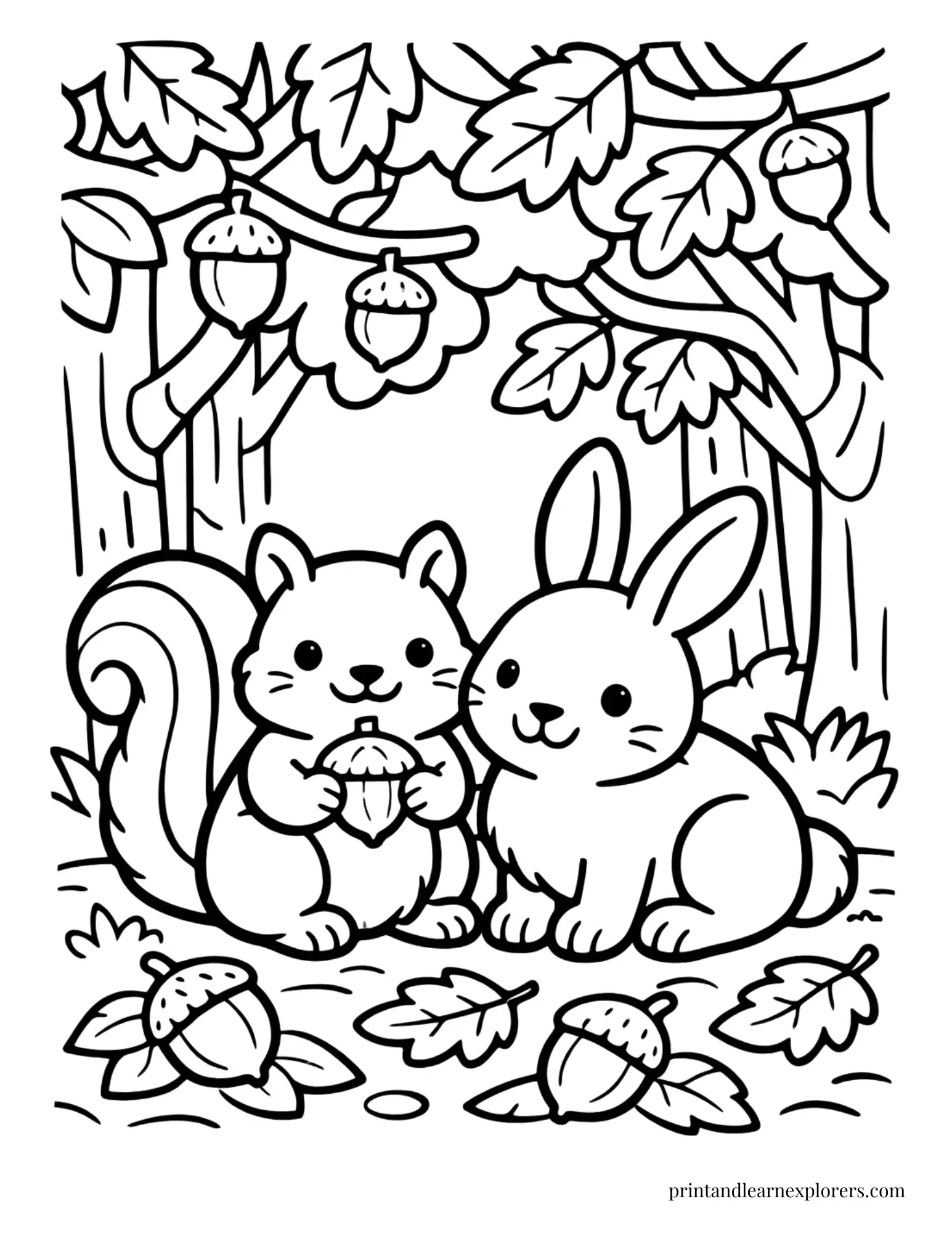 Squirrel sitting beside a rabbit in a woodland forest coloring page