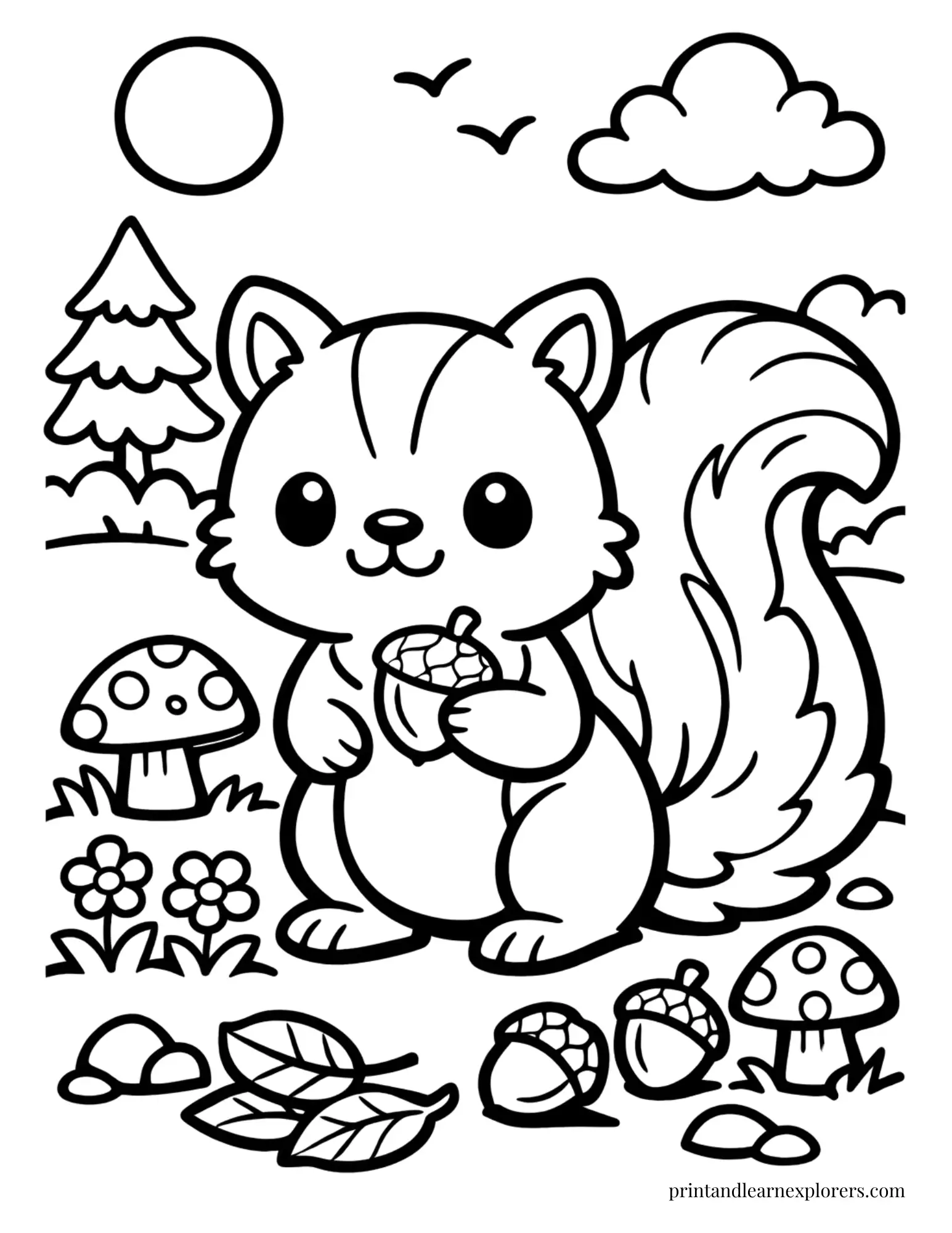 Cute simple squirrel with a fluffy tail coloring page