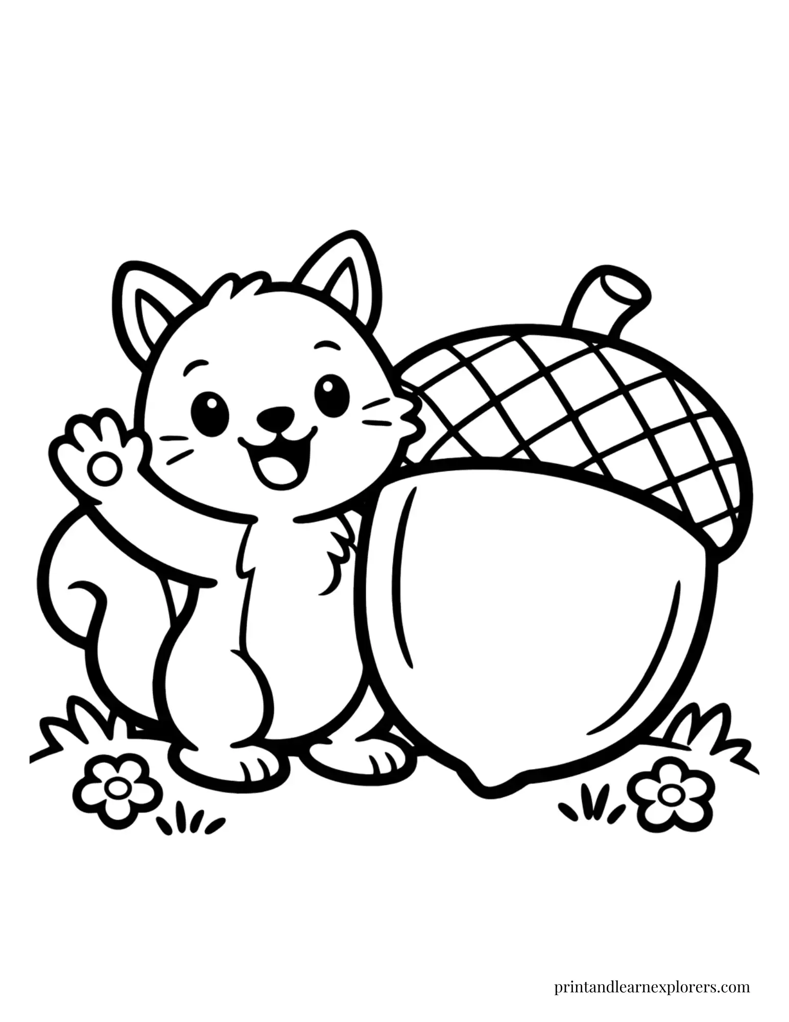 Happy squirrel waving beside an acorn coloring page