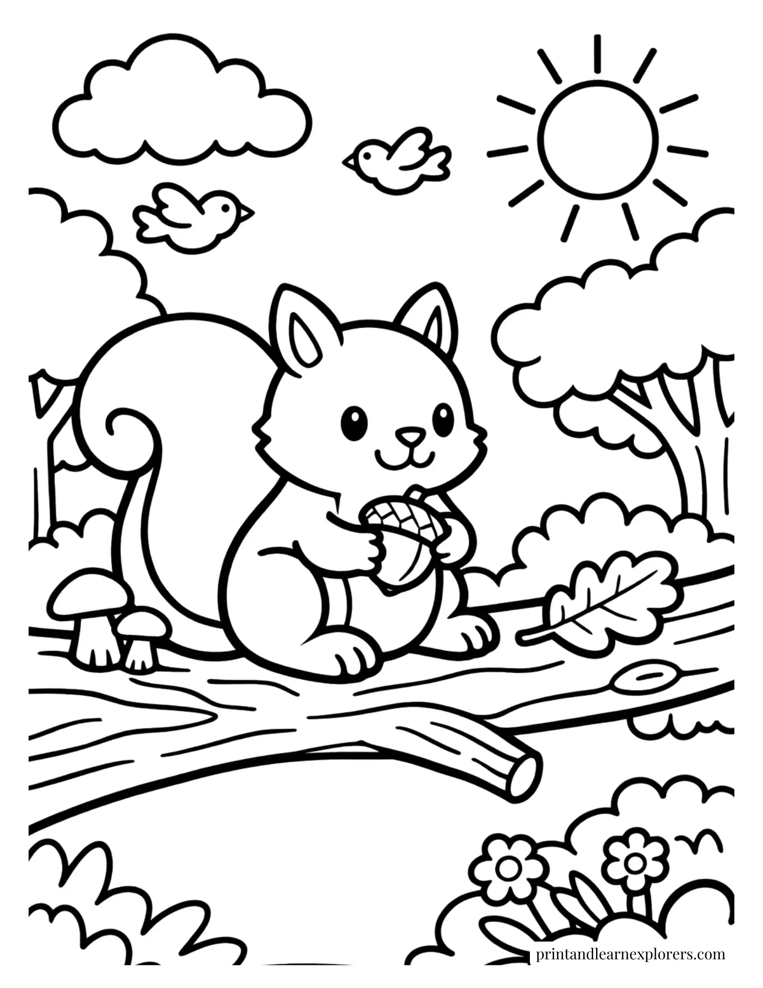 Simple squirrel sitting on a tree branch coloring page