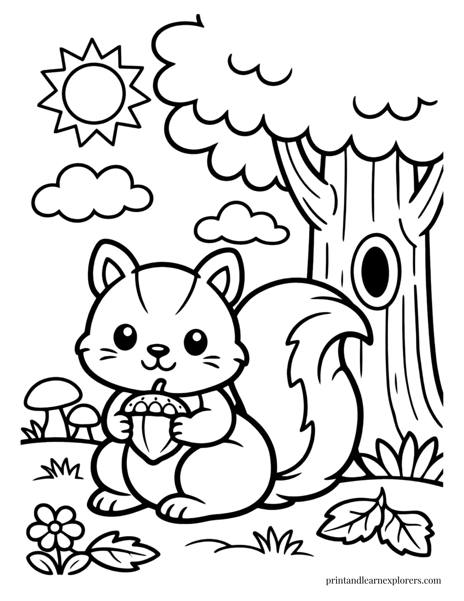 Simple squirrel sitting beside a tree coloring page