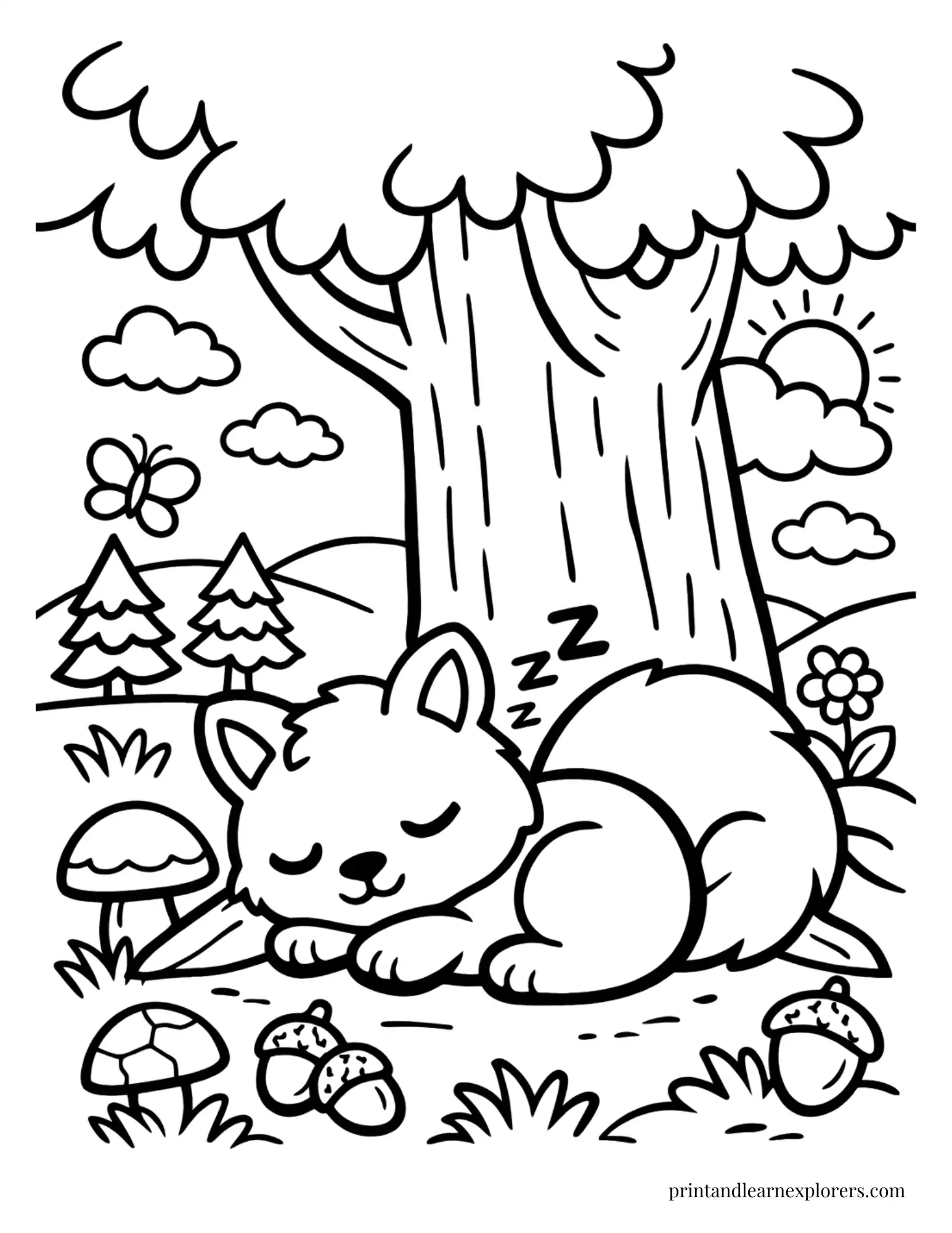 Simple sleepy squirrel resting beneath a tree coloring page