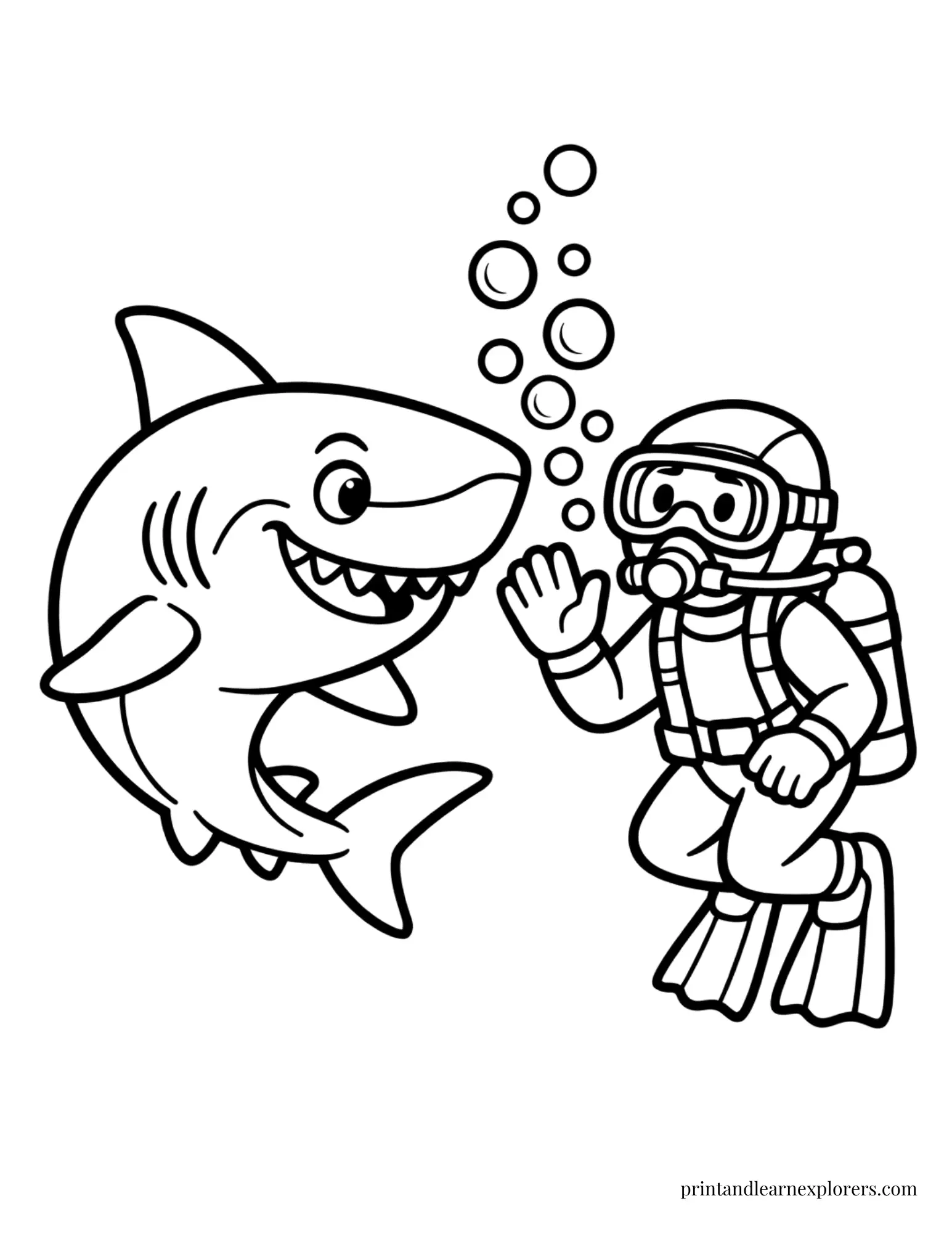 Friendly shark and diver coloring page