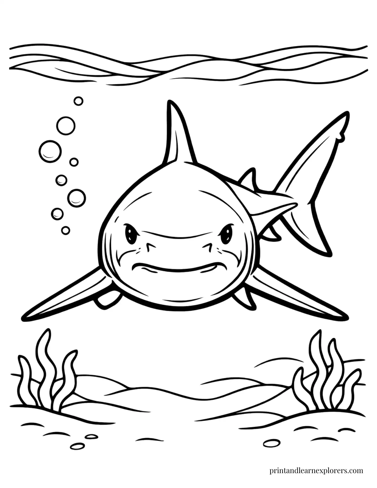 Front view shark looking forward coloring page