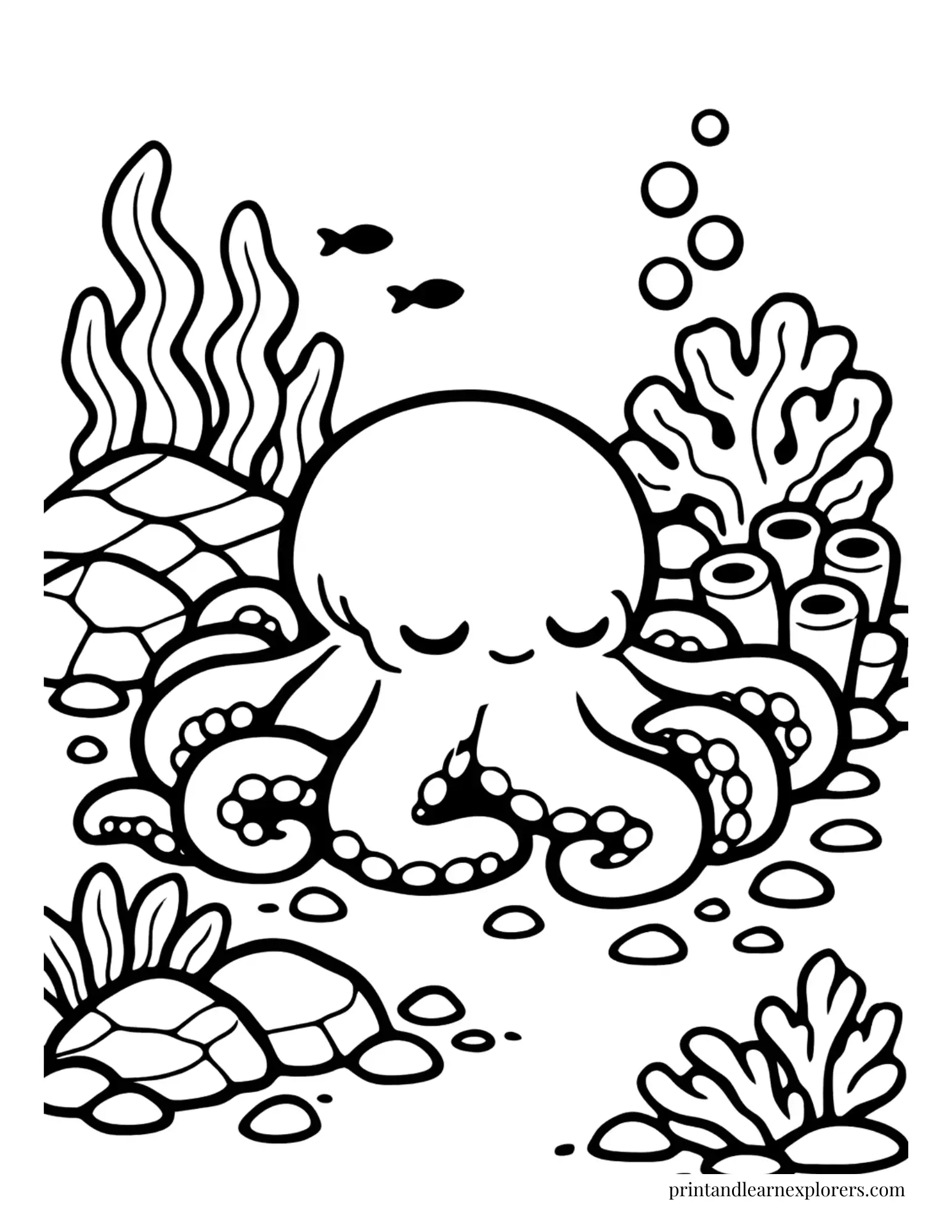 06 Cute sleeping octopus on sea bed coloring page