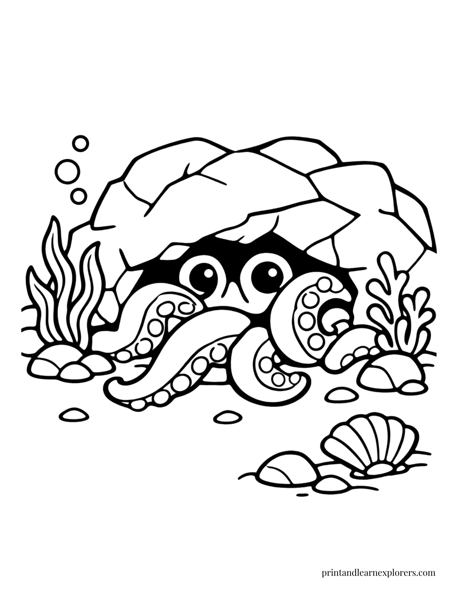 06 Octopus hiding under a rock coloring page
