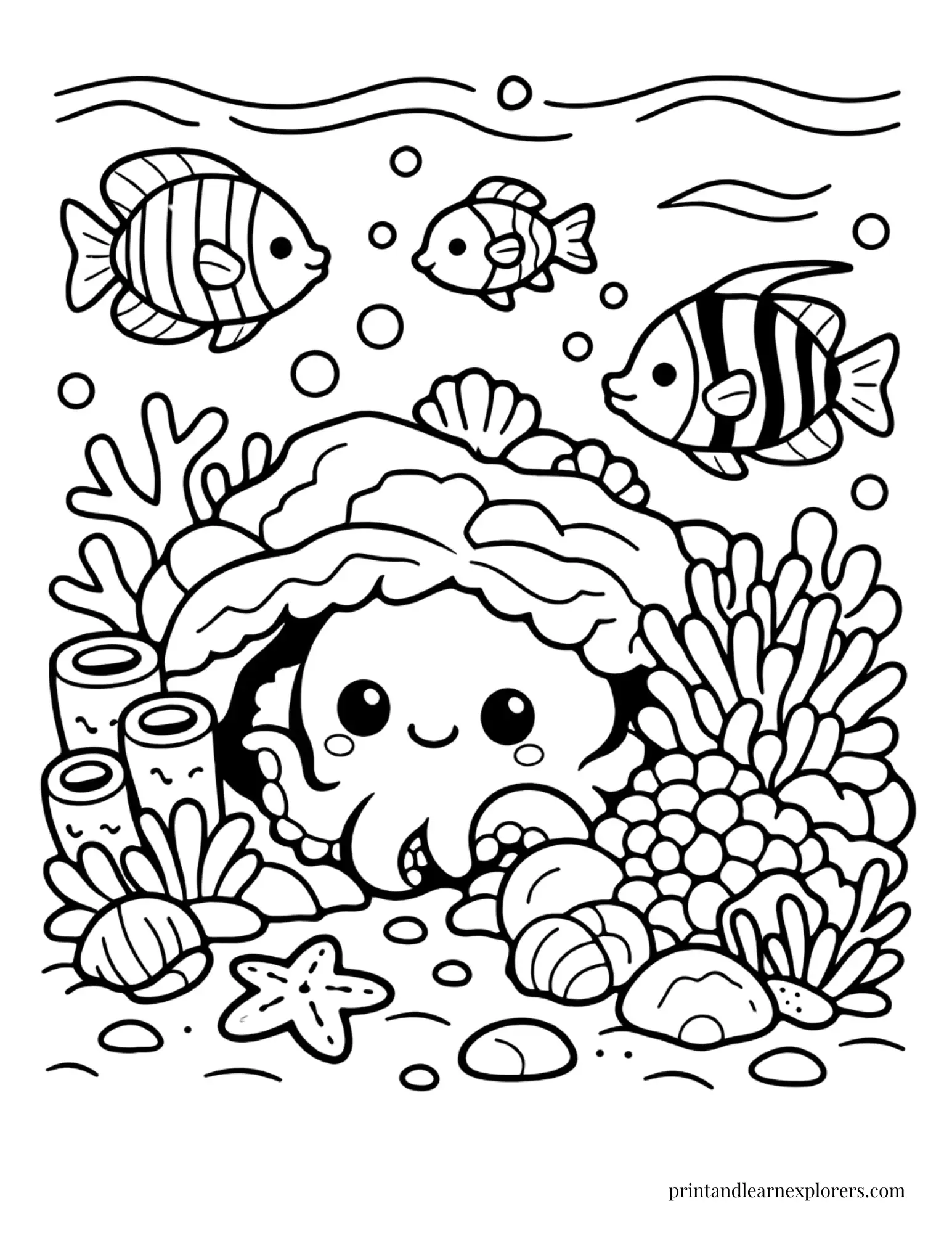 06 octopus coral reef coloring page