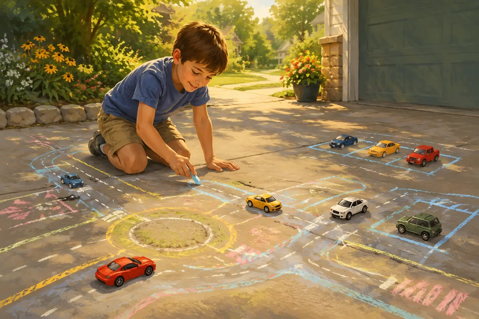 Boy drawing chalk roads for cars play