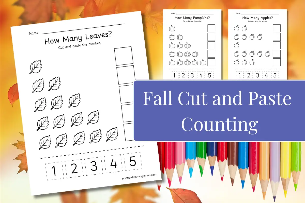 Fall cut and paste counting worksheets feature