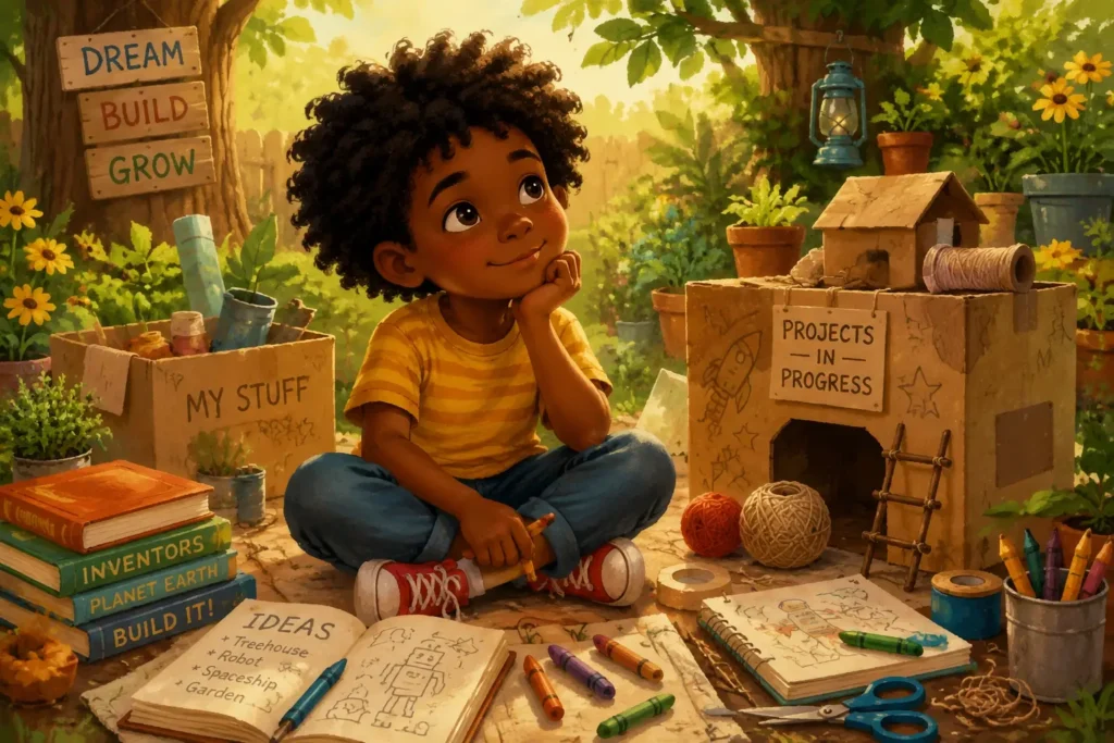 Kid sitting amongst projects thinking
