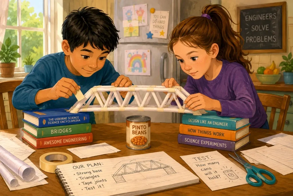 Kids building a bridge from paper