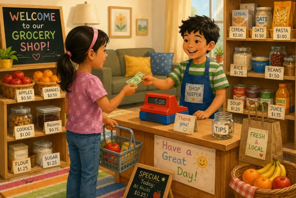 Kids roleplaying shops with prices