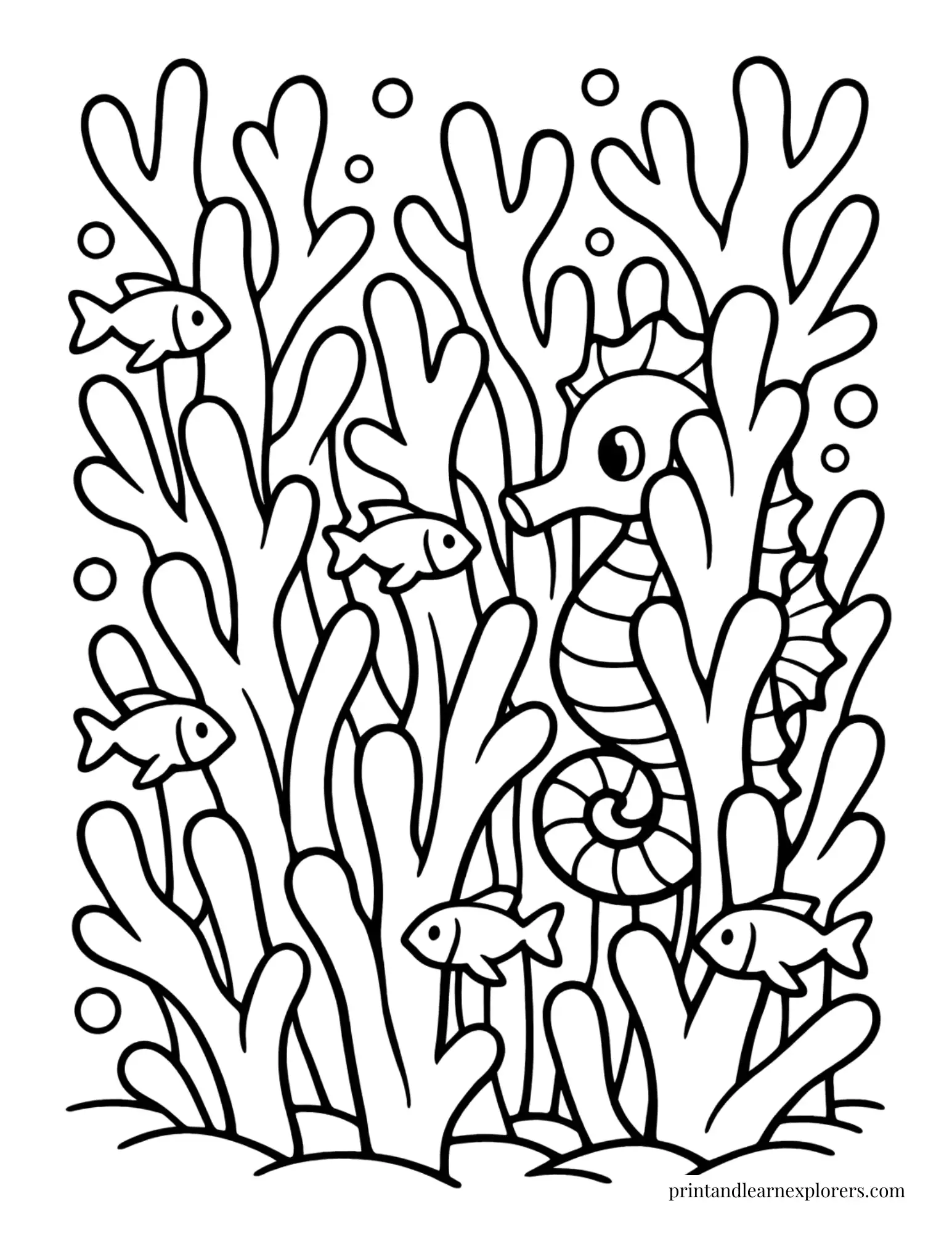 Seahorse hiding in the ocean plants coloring page
