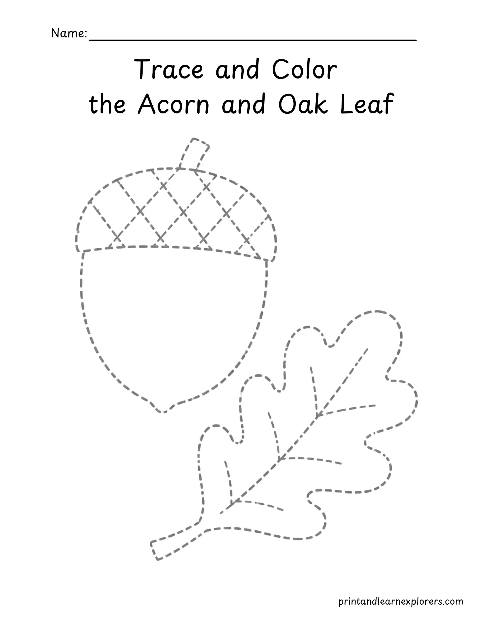 Trace and color the acorn oak leaf worksheet