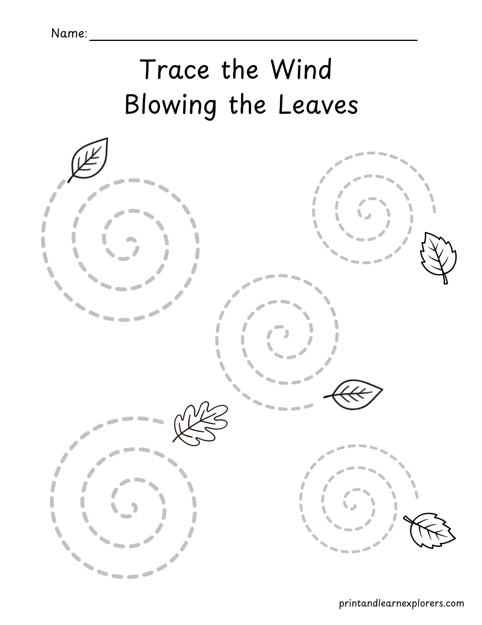 Trace the wind blowing the leaves spirals worksheet