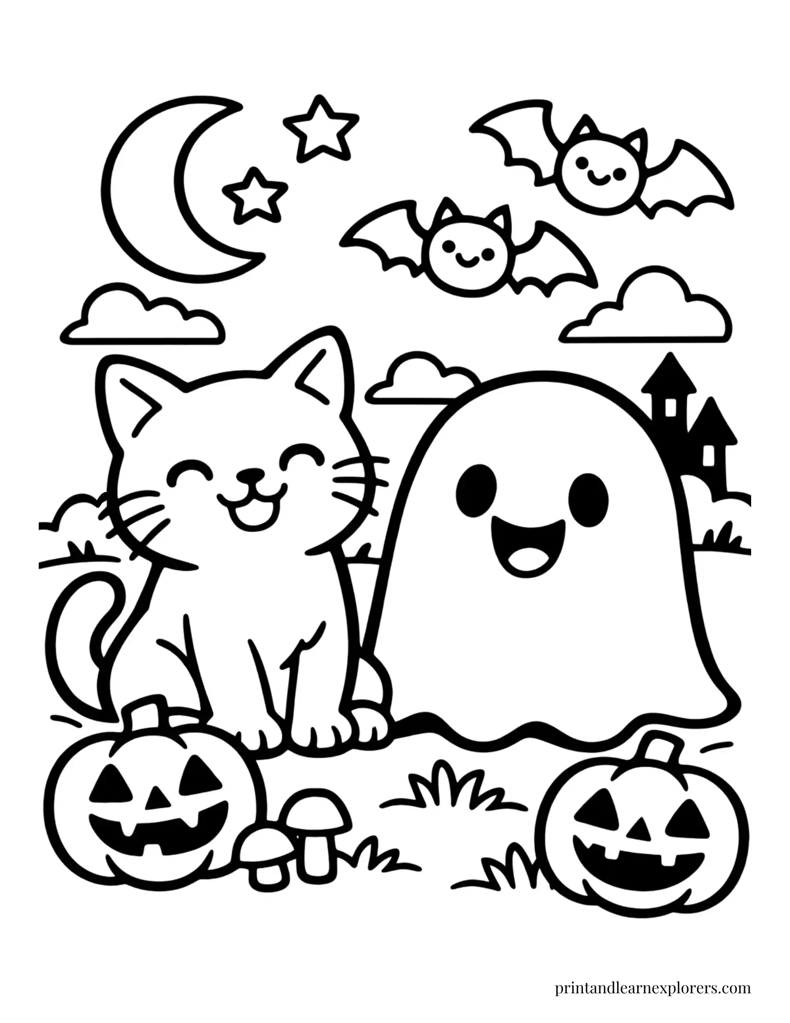 cat and friendly ghost coloring page