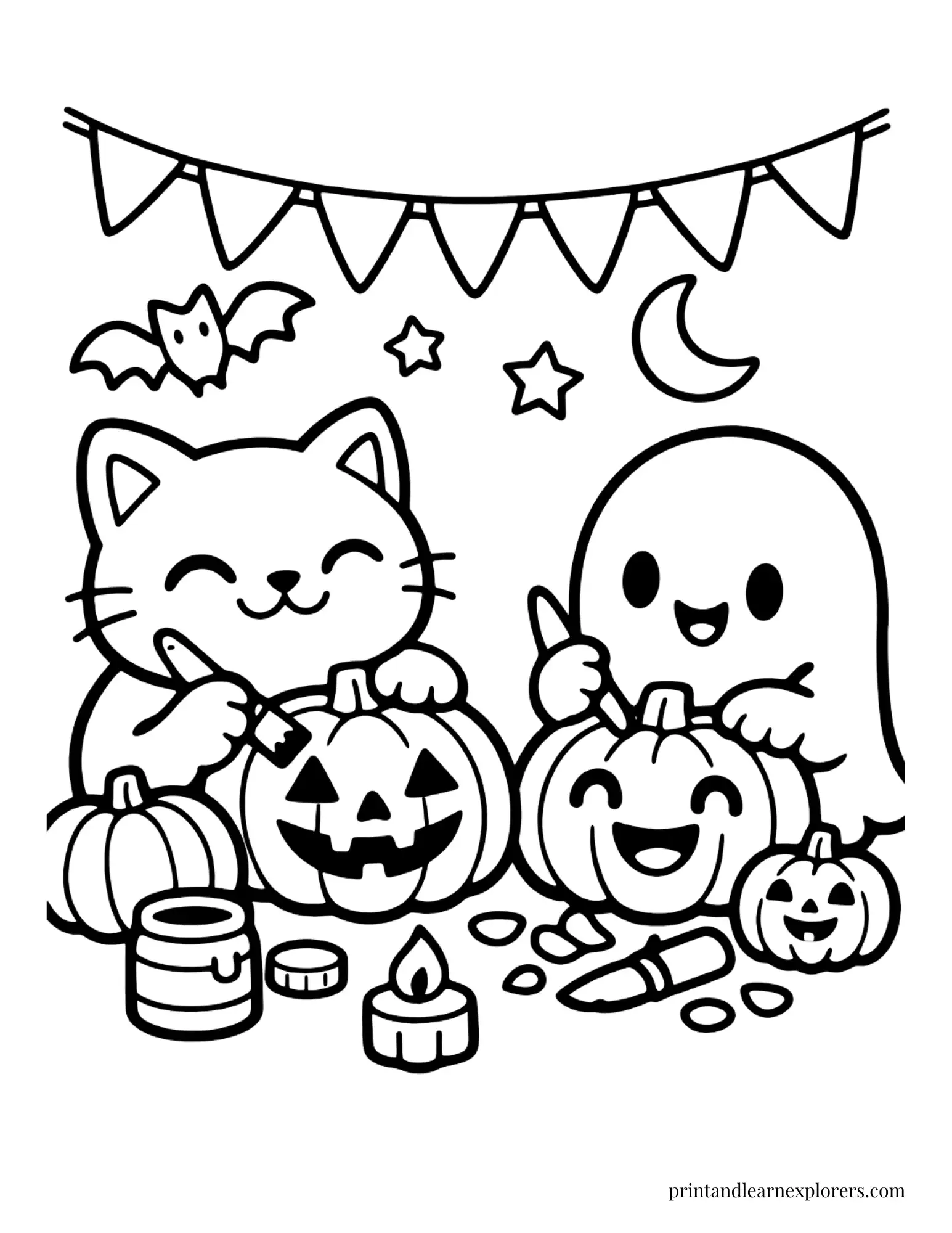 cat and ghost decorating pumpkins coloring page