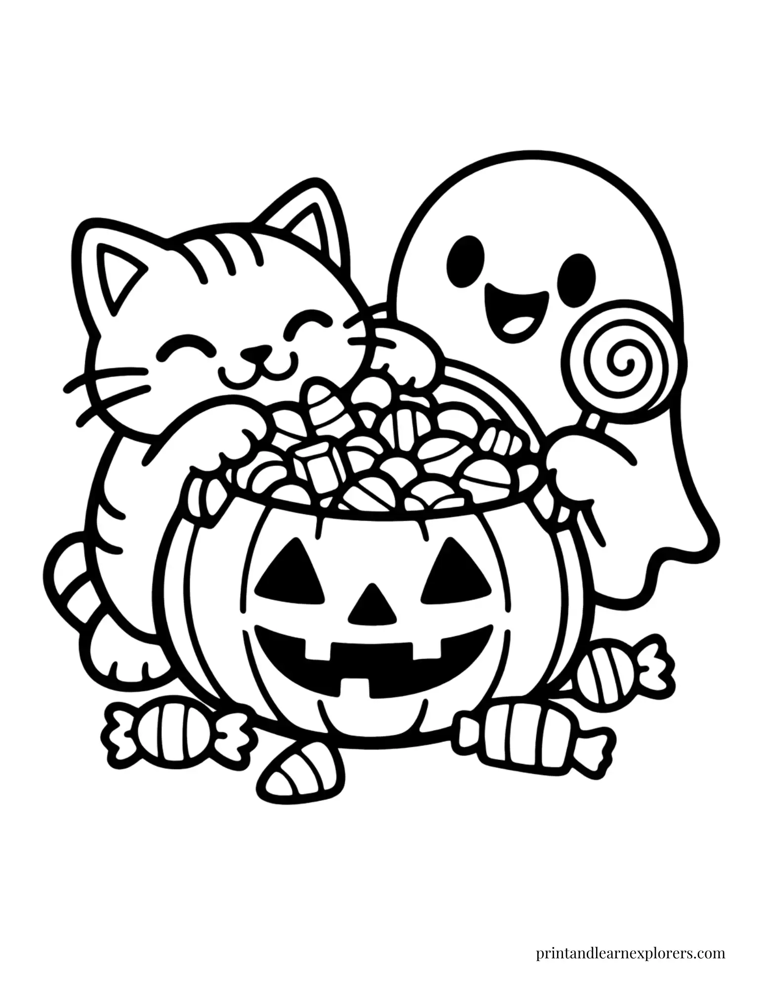 cat and ghost sharing candy bucket coloring page