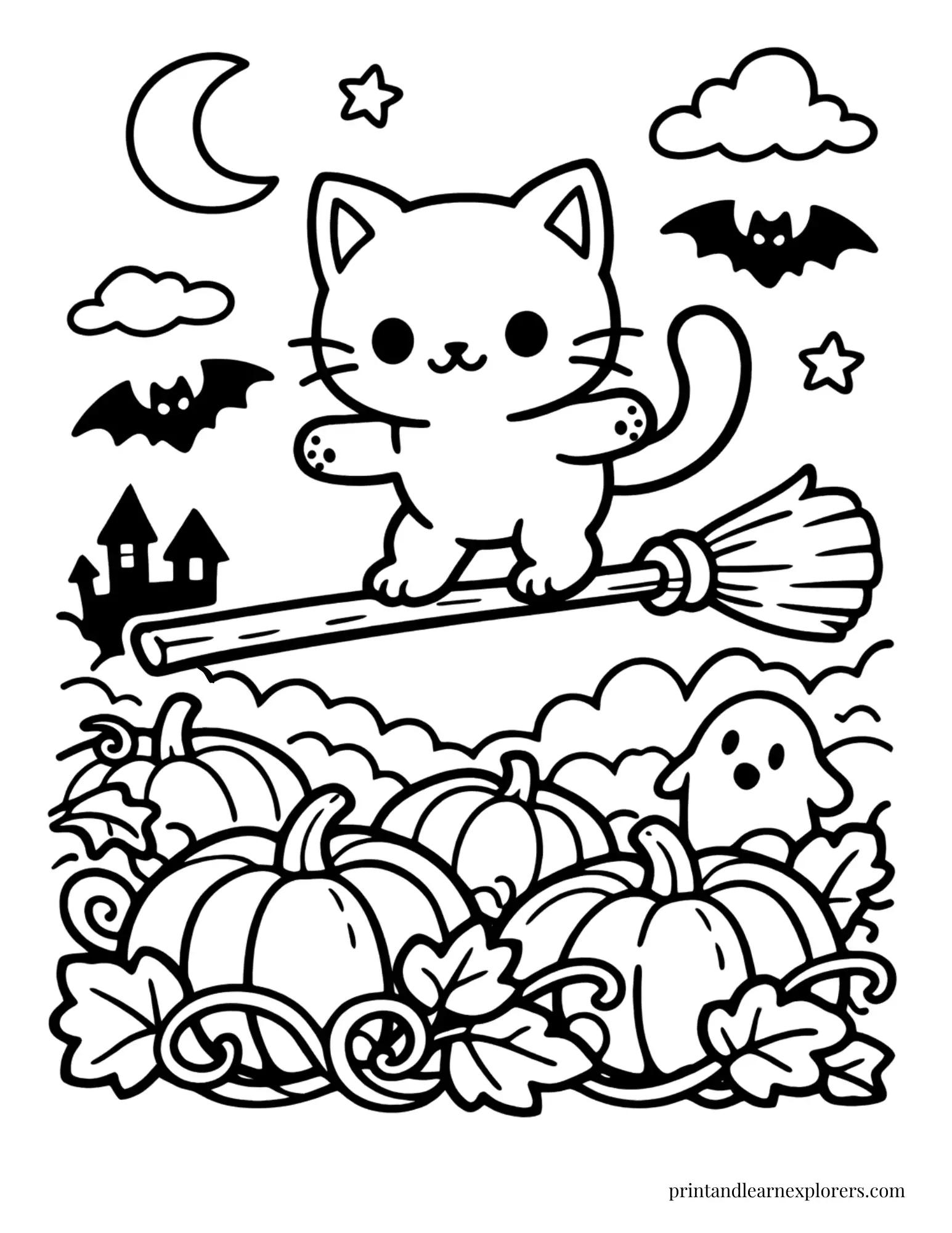 cat balancing on broomstick above pumpkin patch coloring page