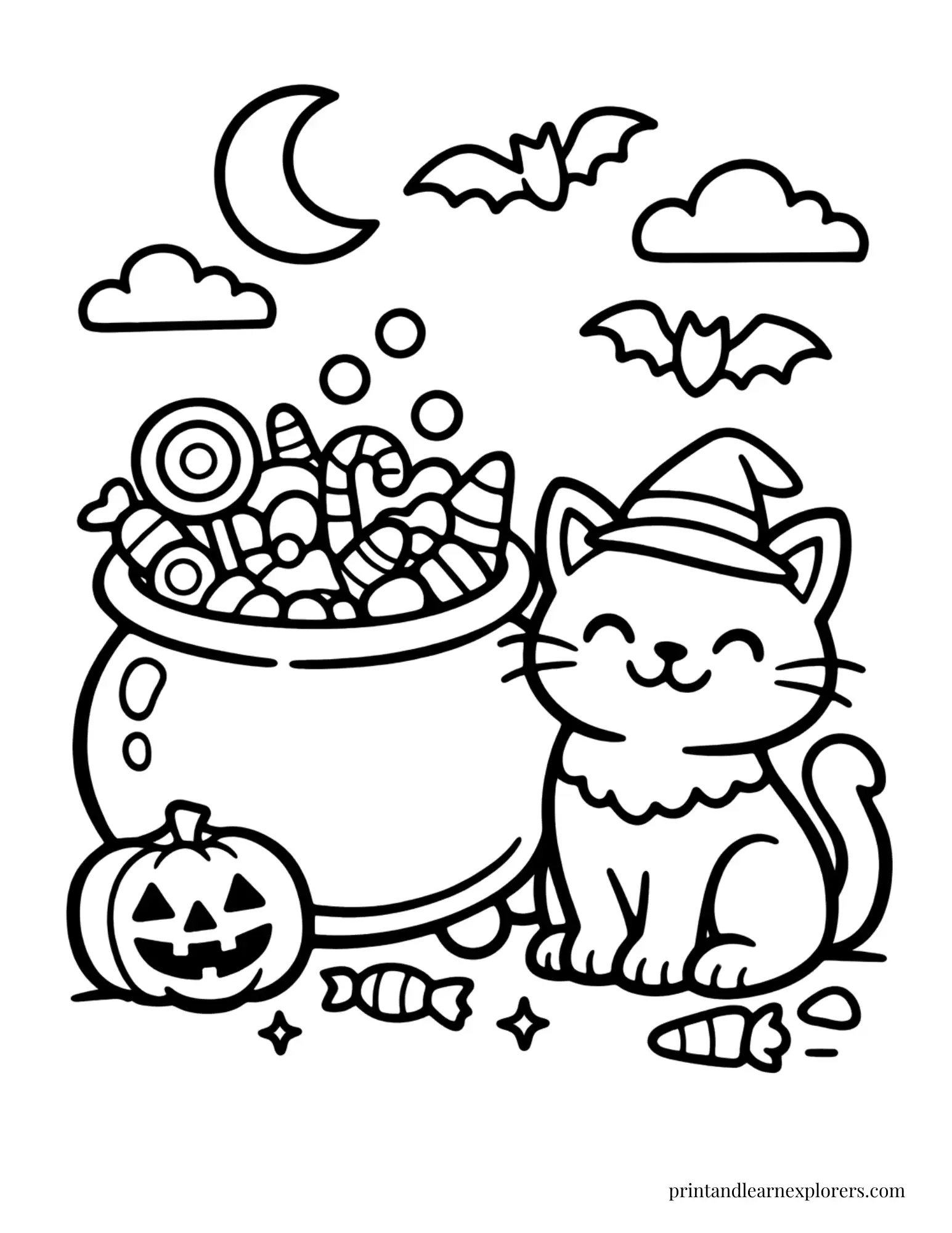cat beside candy cauldron coloring page